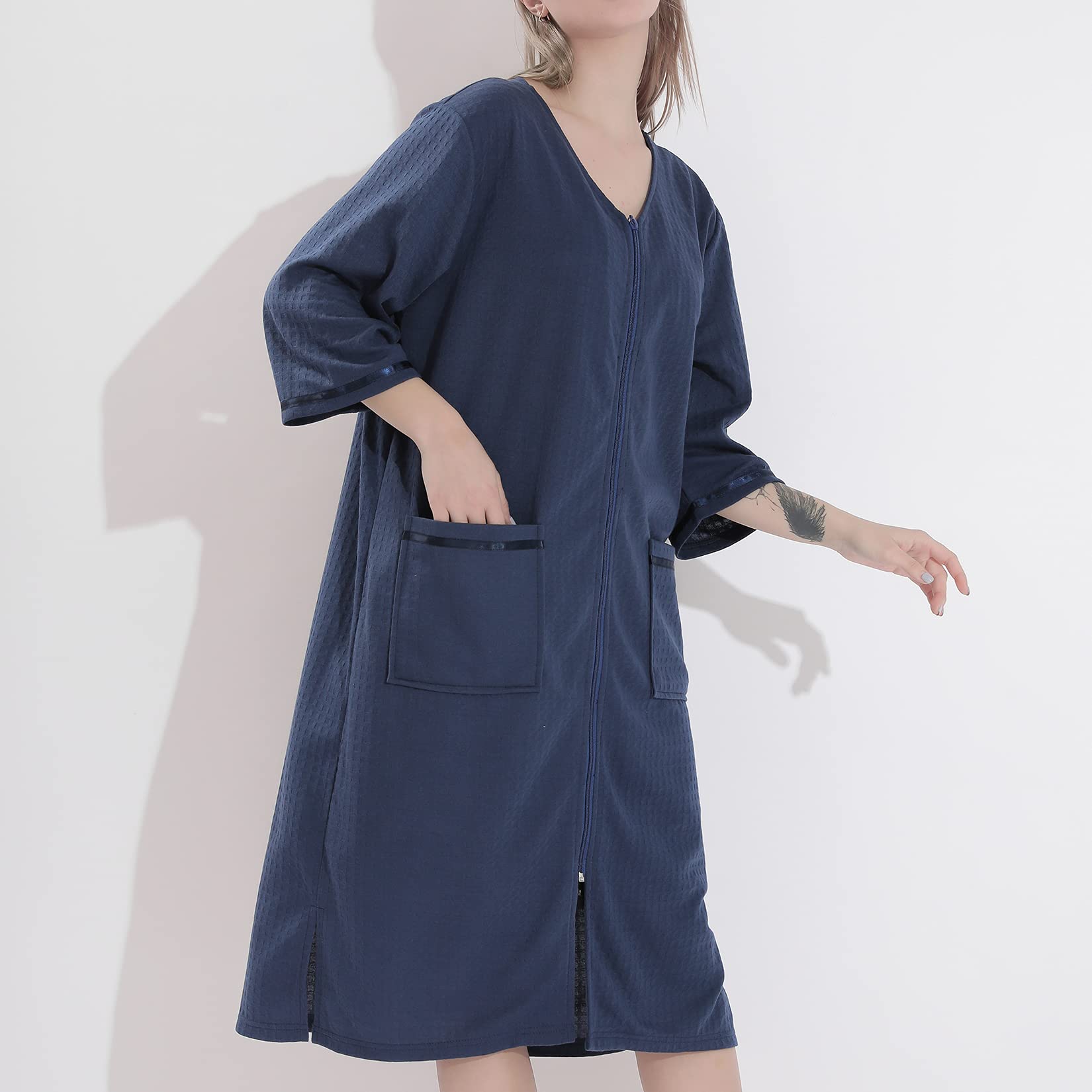 Lu's Chic Women's Waffle Robe Duster - Lightweight Zip Up Bathrobe & Nightgown - Soft Housecoat for Lounge, Spa & Home Relaxation