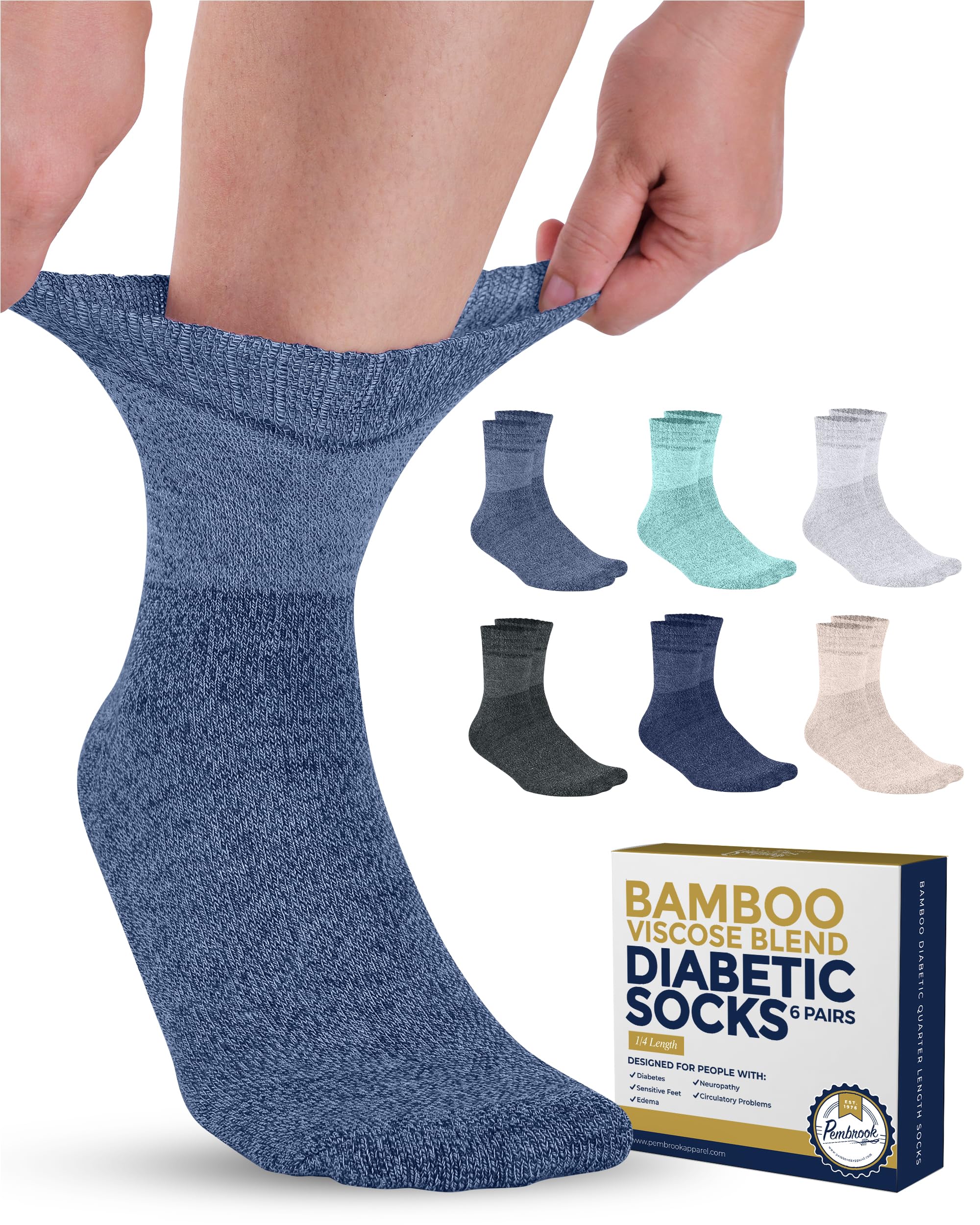 Pembrook Bamboo Viscose Diabetic Socks for Women & Men - 6 Pairs Breathable Ankle Socks for Swollen Feet, Neuropathy Relief | Moisture-Wicking, Non-Binding Comfort Socks in Black, White, Beige, Aqua, Blue, Navy | Ideal for Diabetes Care, Travel & Daily Wear