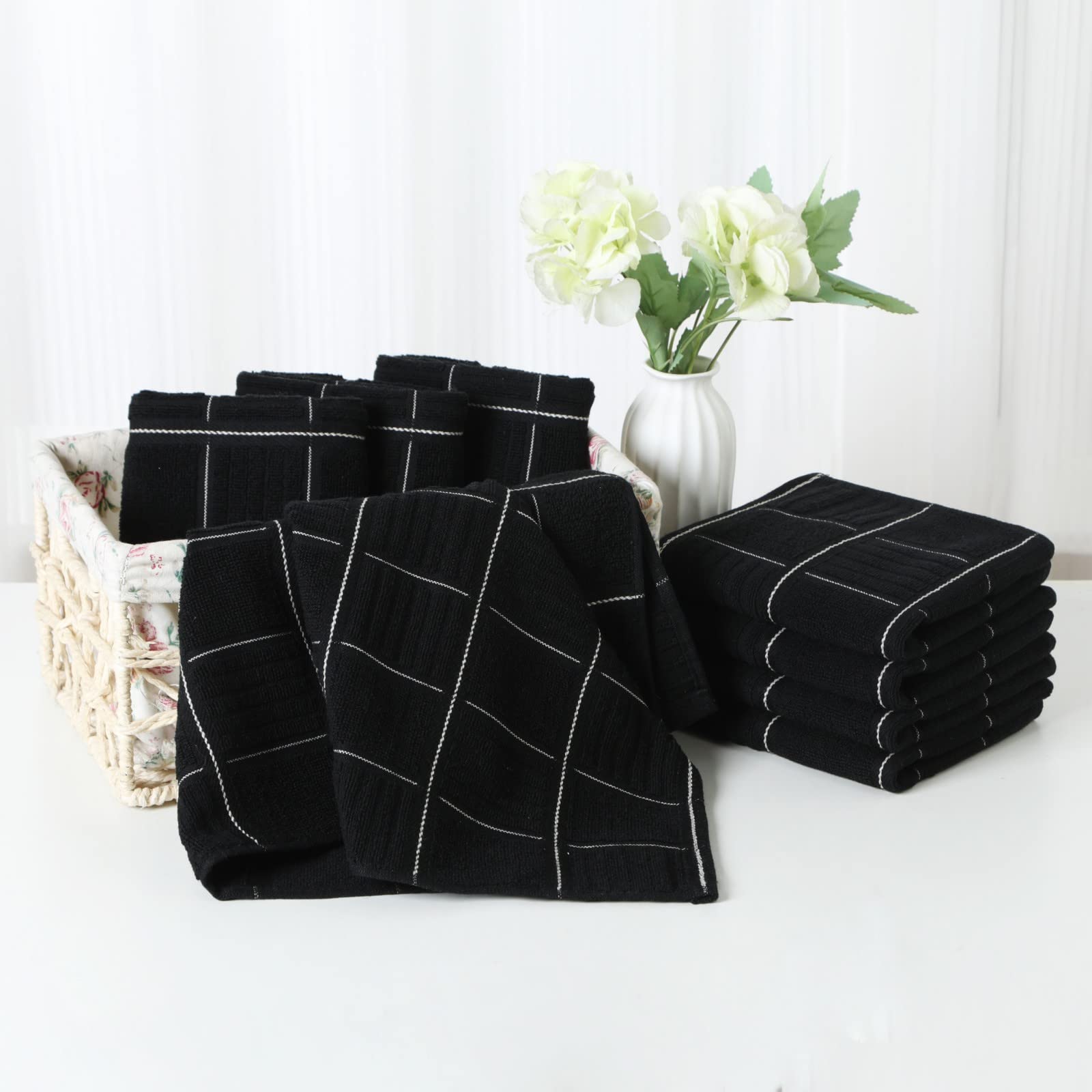 Glynniss Premium Absorbent Kitchen Towels & Dishcloths Set - 8 Pack (Black) - Super Soft & Quick-Drying for Washing Dishes, Cleaning Countertops & Drying Hands - Perfect for Kitchen, Restaurant & Home Use