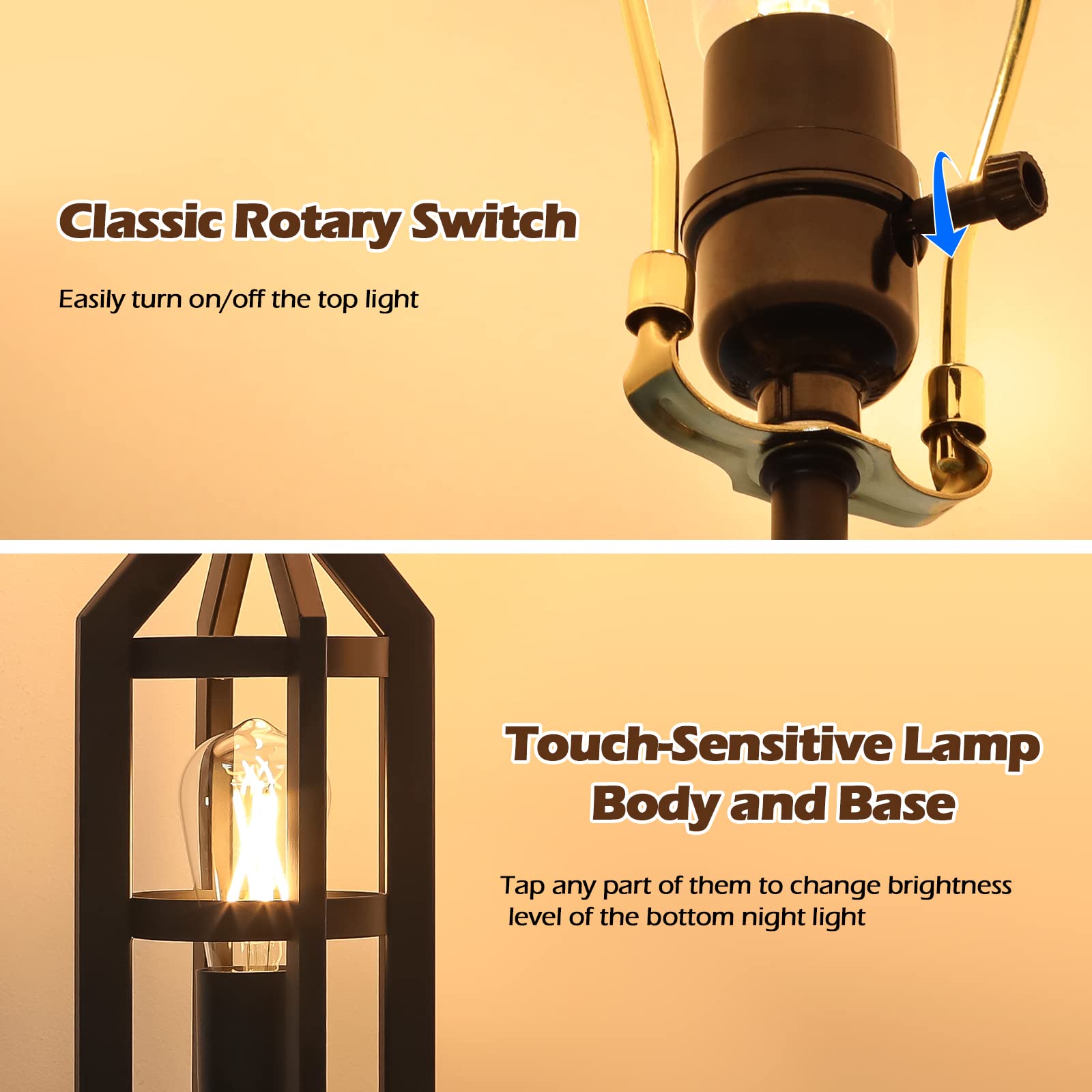 Farmhouse Table Lamps Set of 2 - 3-Way Dimmable Touch Control Nightstand Lamps with USB Charging Ports, Rustic Bedroom Reading Lamps for Living Room & Bedside, Includes 4 LED Bulbs - Perfect for Cozy Home Decor, Late-Night Reading, and Modern USB Charging Needs