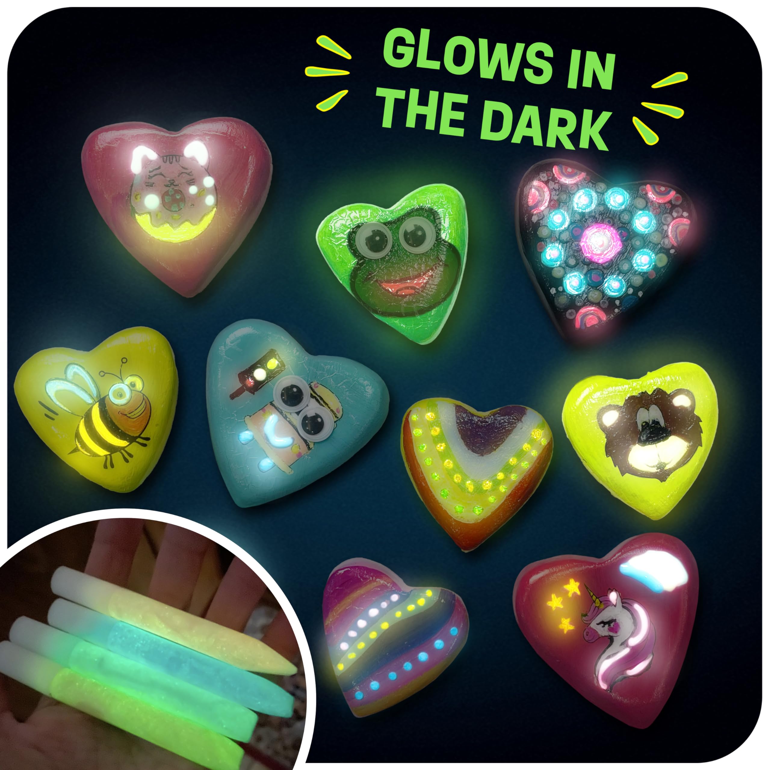 Glow in The Dark Hearts Rock Painting Kit - Arts and Crafts for Kids Ages 4-12 - Creative DIY Art Toys for Girls & Boys - Perfect for Easter, Birthday Gifts & Indoor Activities - Fun Craft Kits for 5 6 7 8 9 10 11 12 Year Old Children - Great for Party Favors, Classroom Projects & Family Bonding Time