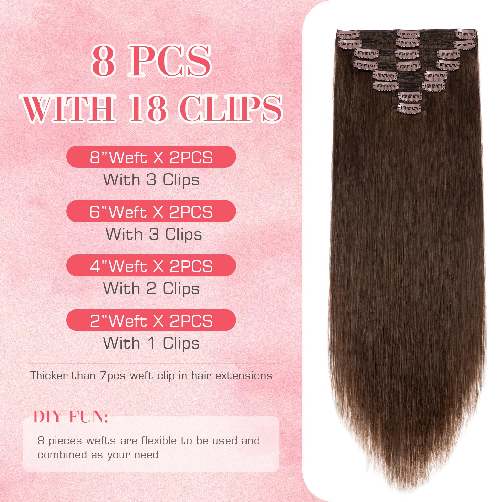 S-noilite 18 Inch Clip in Human Hair Extensions - 8pcs 140g Straight Real Human Hair Double Weft #4 Medium Brown - Perfect for Parties, Weddings & Daily Styling