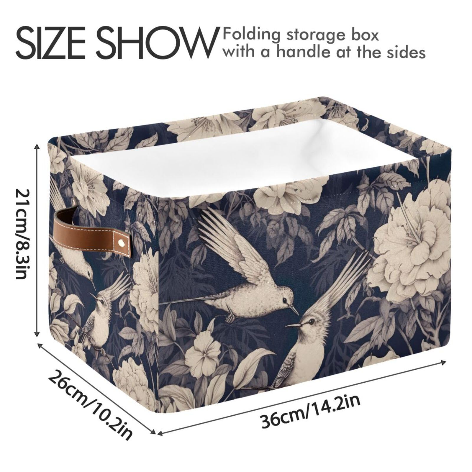 2PCS Large Foldable Storage Baskets with Floral Hummingbird Design - Collapsible Fabric Bin Cube Organizer for Home, Closet, Nursery & Office Organization