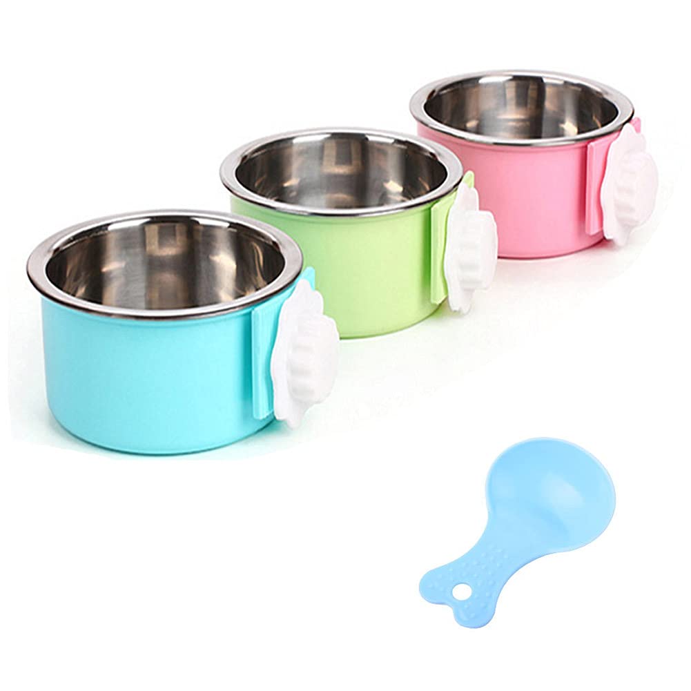 Stainless Steel Hanging Pet Bowl for Dogs, Cats, Puppies, Rabbits & Ferrets - Removable Round Feeder Cage, Pack of 2 (Blue, Green, Pink) - Perfect for Travel, Camping & Outdoor Use