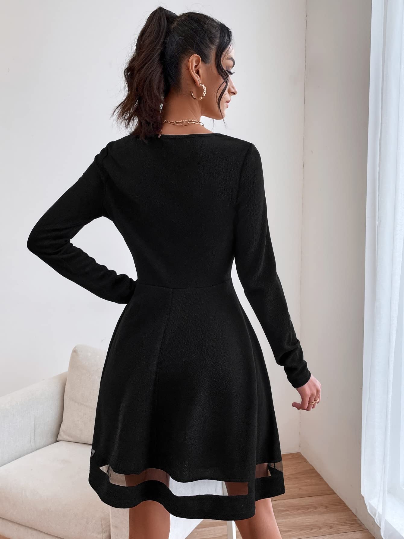 Elegant Women's Mesh Insert Square Neck Flare Hem Dress - Slim Fit Fashion for Party, Wedding & Evening Wear (Black, Small)