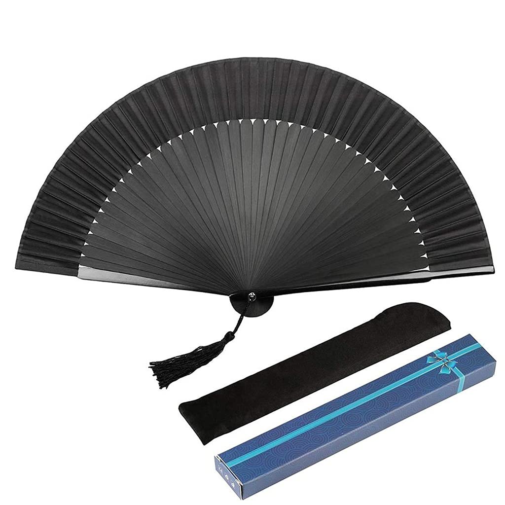 Chaomeiart Black Folding Handheld Bamboo Fan with Chinese Painting - Elegant Cloth Fan for Dancing, Wedding, Party, Home Decor, and Unique Gift for Men & Women - Perfect for Traditional Performances, Cultural Events, and Summer Cooling