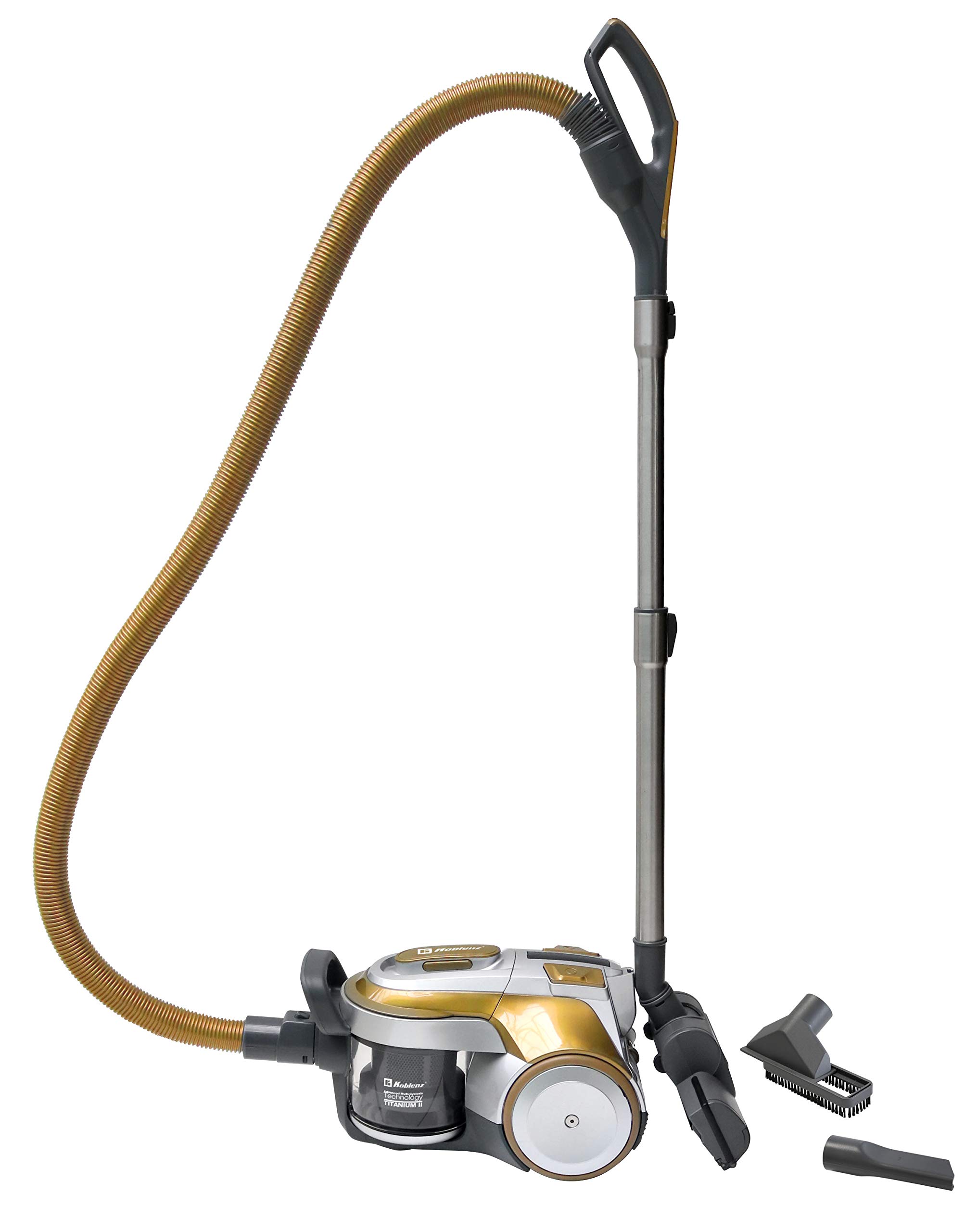 Koblenz PV-1800 Titanium II Bagless Canister Vacuum Cleaner - Powerful 1800W Suction, Lightweight & Quiet, Gold - Perfect for Hardwood Floors, Carpets & Pet Hair Cleaning