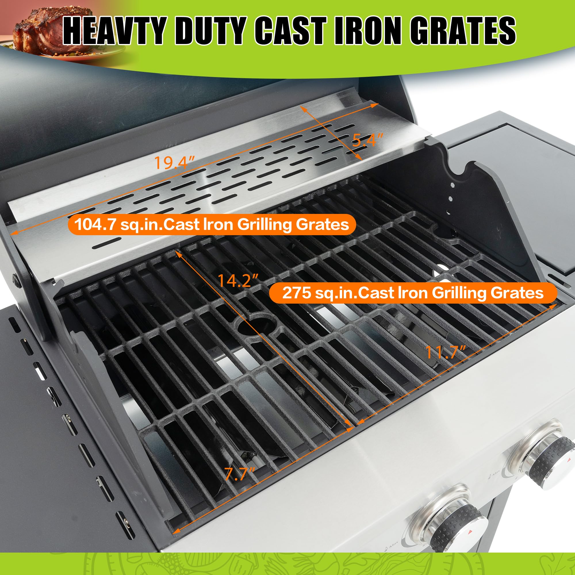 Stainless Steel 3-Burner Propane Gas Grill with Side Burner, Temperature Gauge & Electronic Ignition - 430-Grade Outdoor BBQ Grill with Cast Iron Grids for Backyard, Camping & Tailgating Parties
