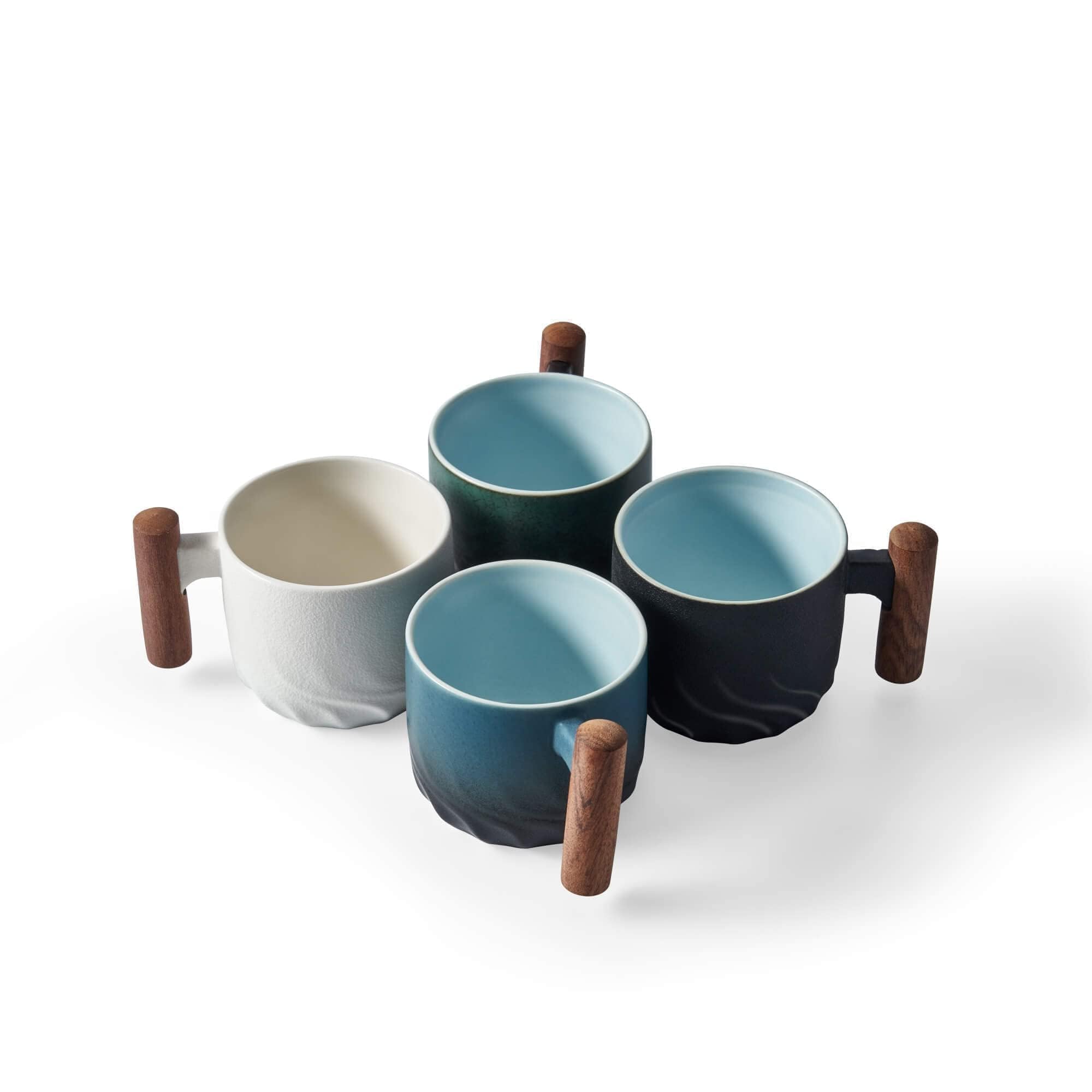 Premium Ceramic Espresso Cups with Wooden Handle - 3oz Small Coffee Cups for Espresso, Tea or Cappuccino - Set of 2 Porcelain Demitasse Cups (Black) - Perfect for Home, Cafe or Office Use