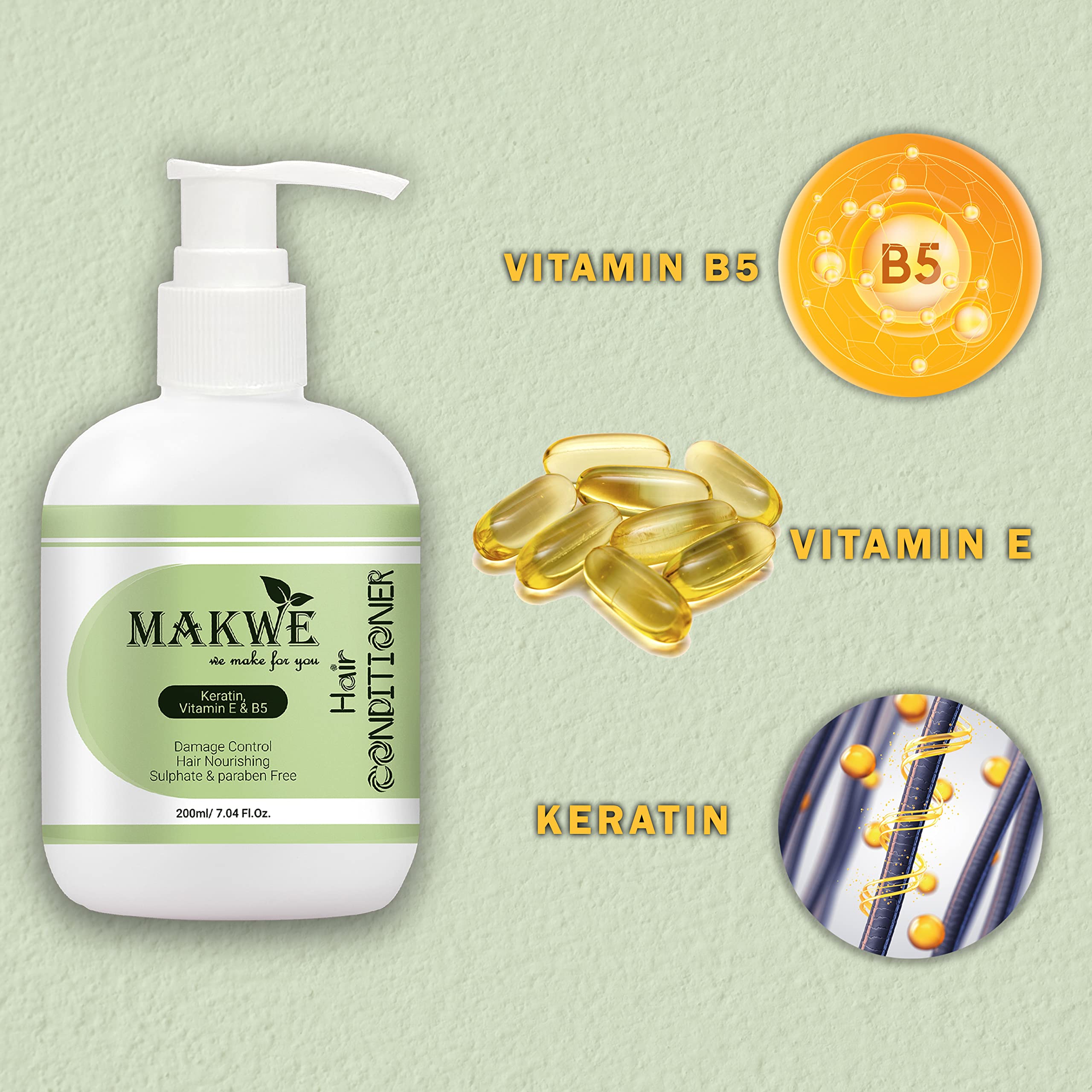 MAKWE Premium Keratin Hair Conditioner with Vitamin E & B5 - Sulfate & Paraben Free (200ml, 3-Pack) - Deep Hydration for Dry, Damaged & Frizzy Hair - Salon Quality Treatment at Home