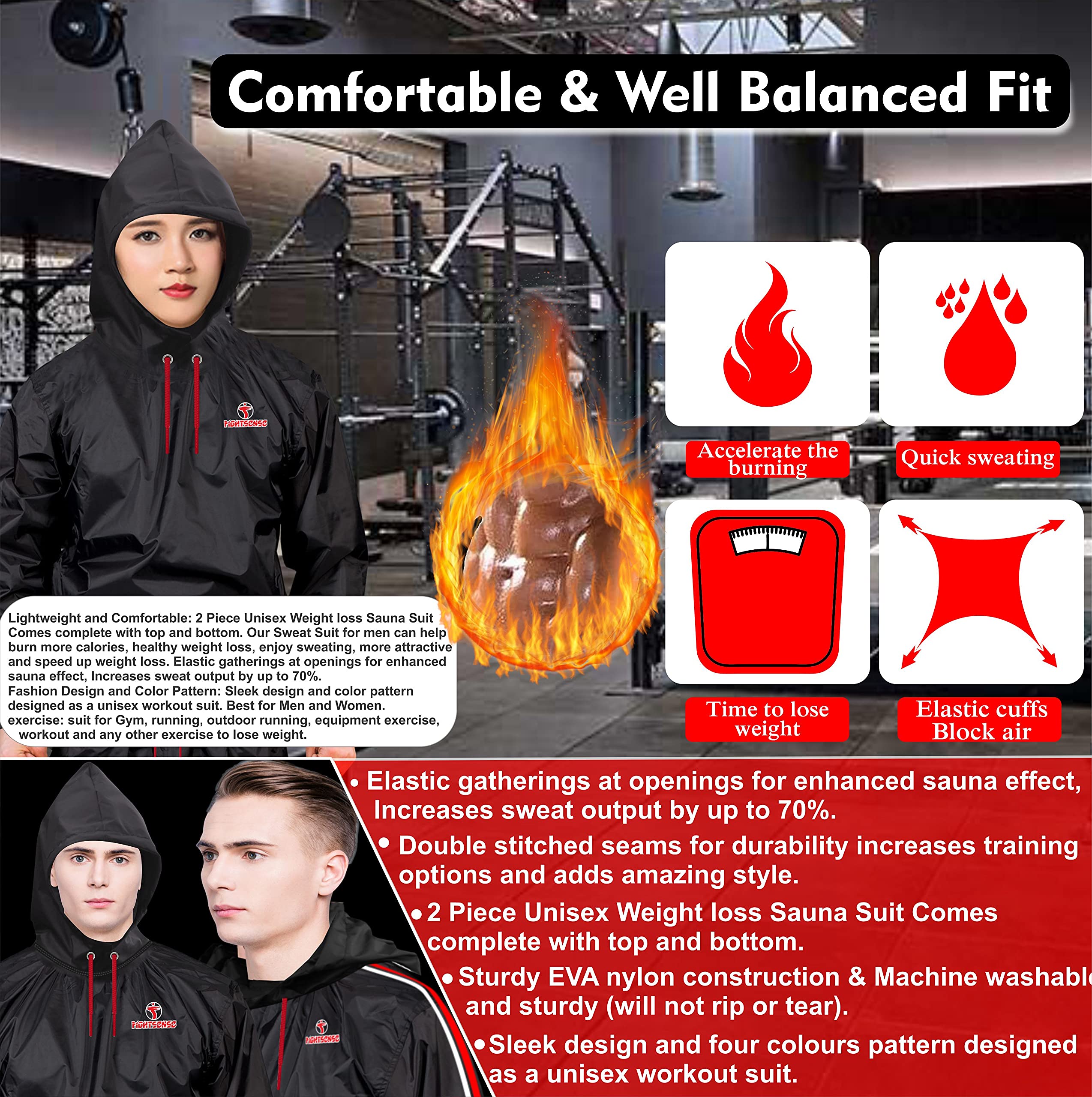 FIGHTSENSE Sauna Suit for Men & Women - Waterproof Sweat Suit for Weight Loss, Anti-Rip Workout Gear for Sports, Running, Boxing & Fitness - Ideal for Gym, Home Exercise & MMA Training