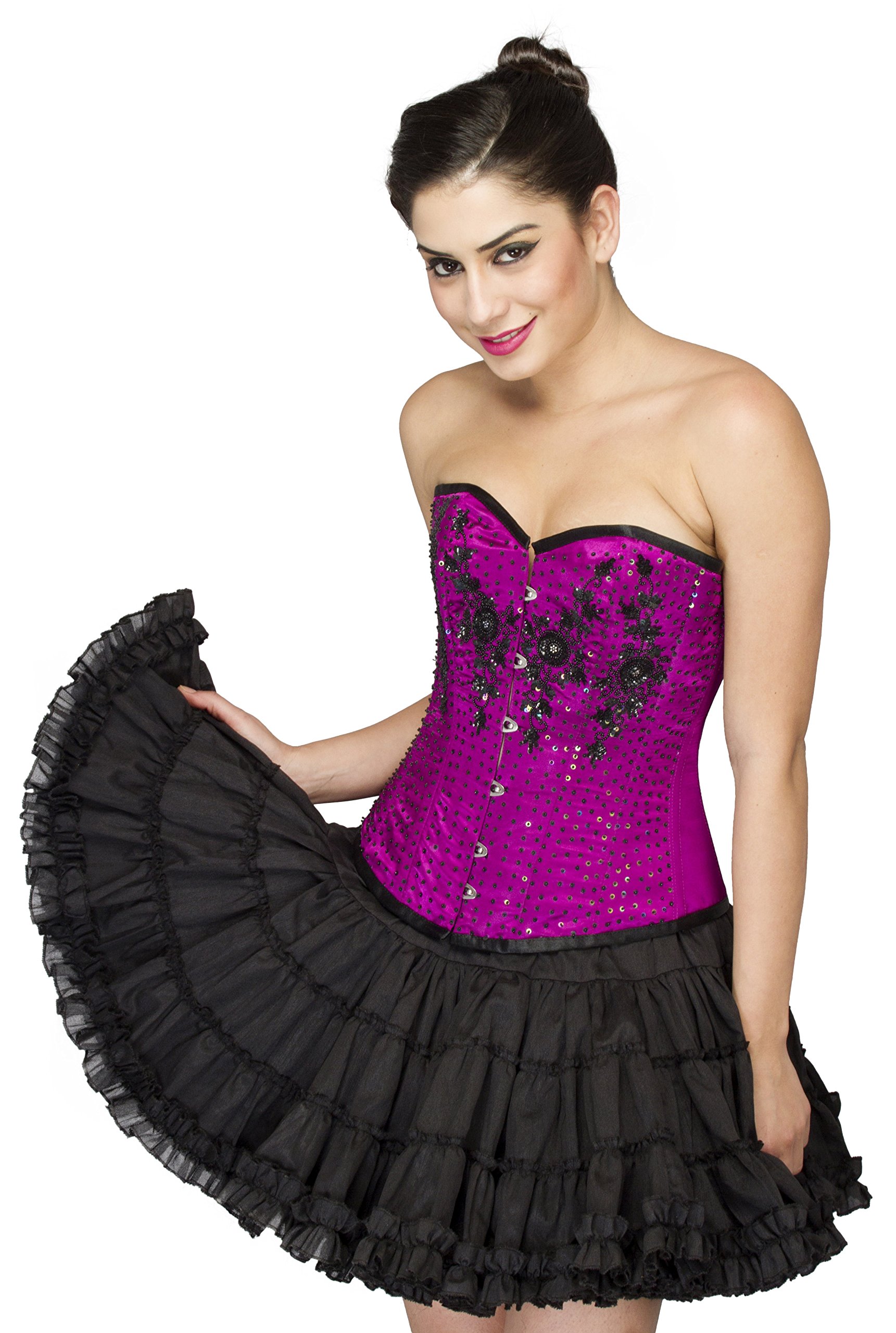 Gothic Corset Dress with Purple Satin & Black Sequin Overbust - Cotton Silk Blend for Burlesque, Halloween, Cosplay & Vintage Fashion