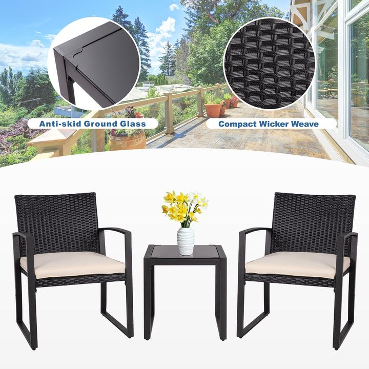Modern Black Wicker Patio Furniture Set - 3 Piece Outdoor Bistro Set with Rattan Chairs & Coffee Table for Yard, Porch, Poolside - Durable Beige Wicker Conversation Set for Garden, Deck, and Backyard Relaxation