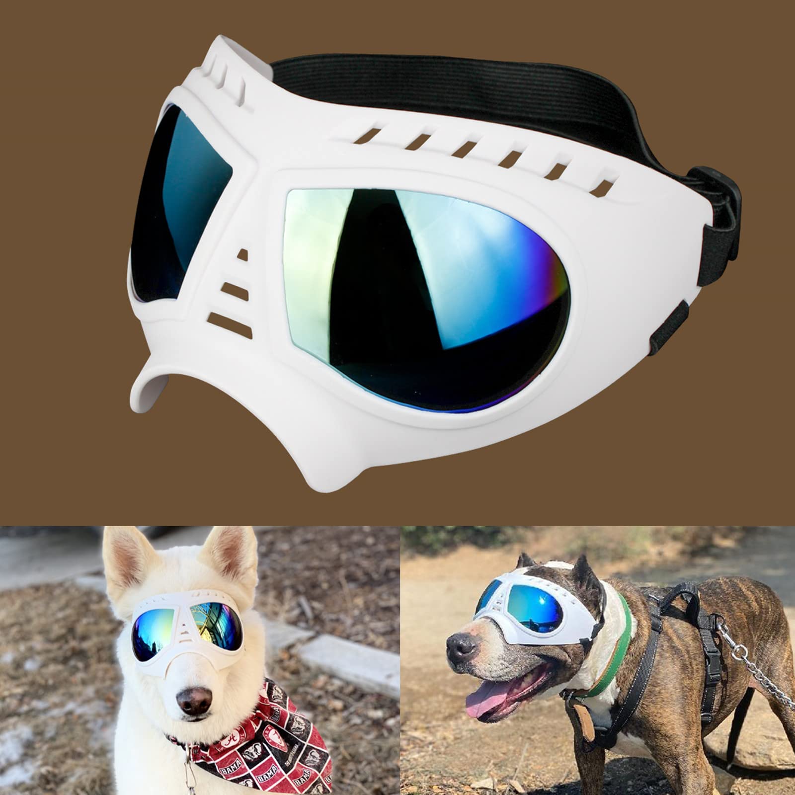 Tactical Dog Goggles for Large Dogs - UV Protection Sunglasses with Soft Frame & Adjustable Strap for Summer Driving & Winter Snow - White Pet Eye Protection for Medium to Large Breed Dogs