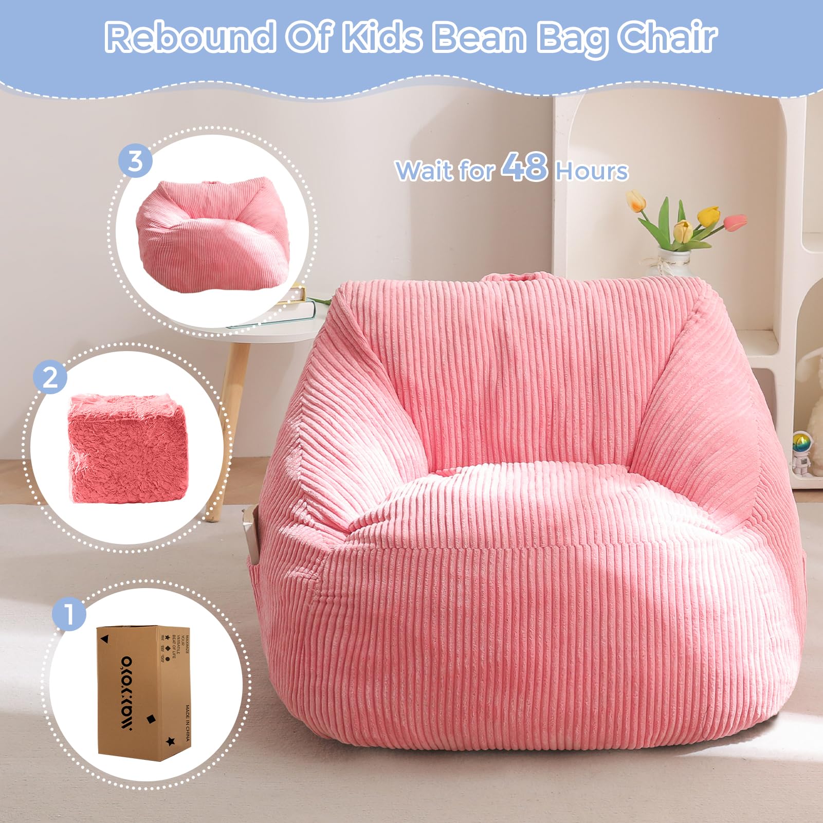 MAXYOYO Kids Bean Bag Chair - Soft Corduroy Bean Bag Couch with Handle & Storage Pocket for Gaming, Reading & Relaxing (Pink) - Perfect for Bedrooms, Playrooms & Dorm Rooms