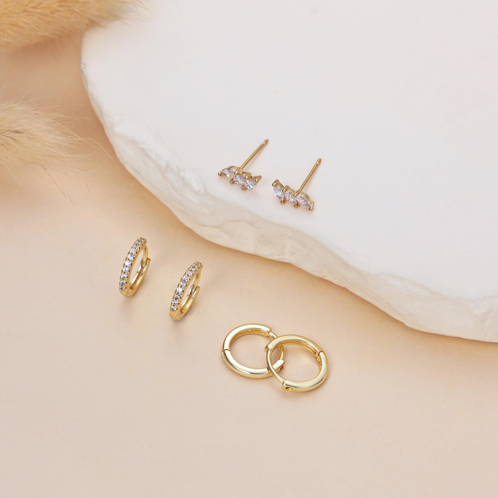 3 Pairs 14K Gold Plated Hoop Earrings for Women - Dainty Stud, Dangle & Huggie Cartilage Earrings Set | Hypoallergenic, Trendy & Elegant Jewelry Gift | Perfect for Everyday Wear, Parties & Special Occasions