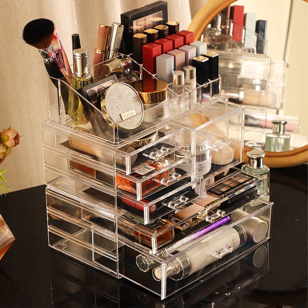 3-Pack Clear Acrylic Makeup Organizer with 6 Stackable Drawers - Vanity Jewelry, Hair Clip & Skincare Storage - Perfect for Bathroom Counter, Bedroom & Dressing Table Organization