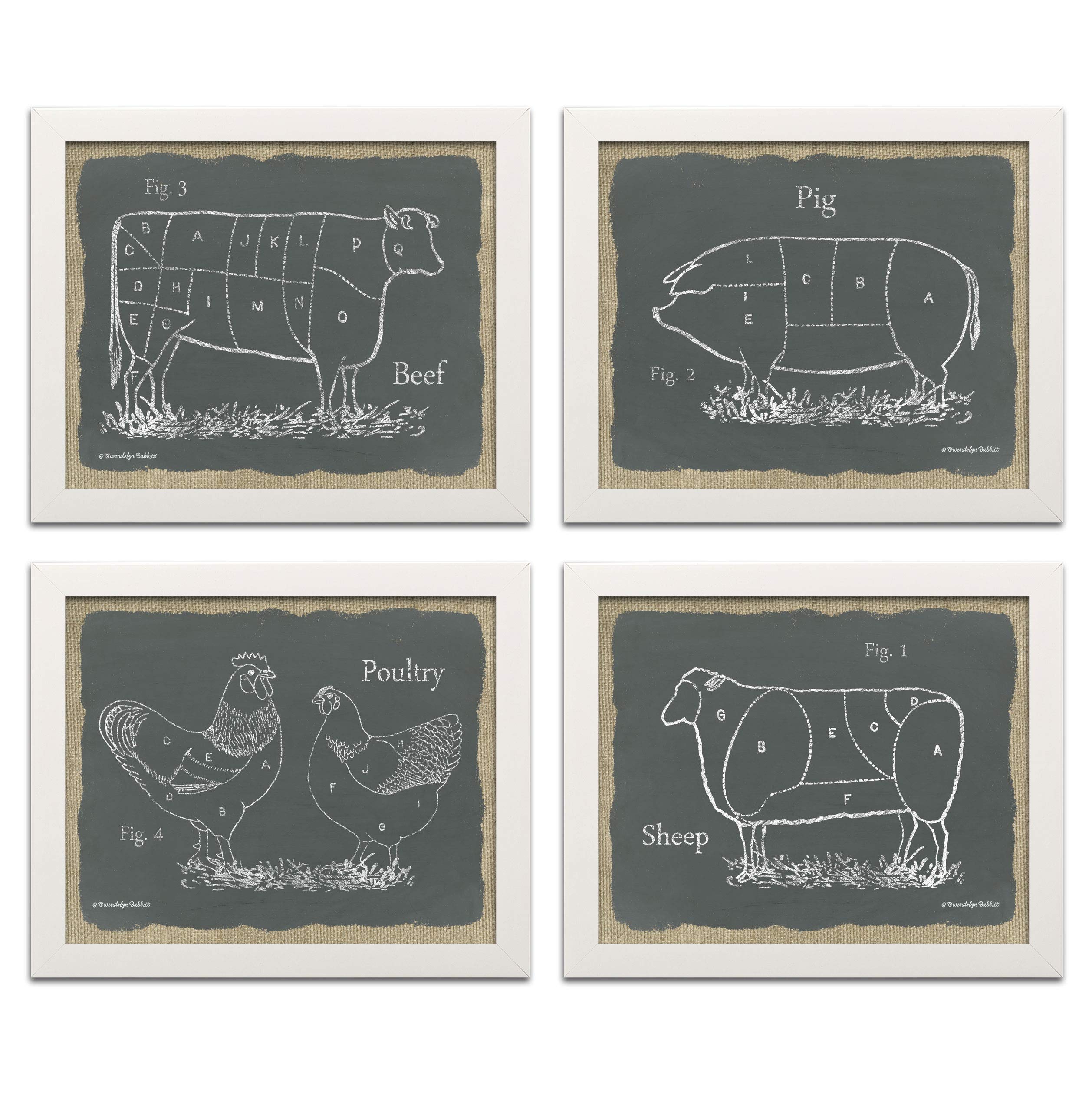 Farm Animal Kitchen Art Prints - 4pc 10x8in Framed Chalkboard Décor for Home & Dining