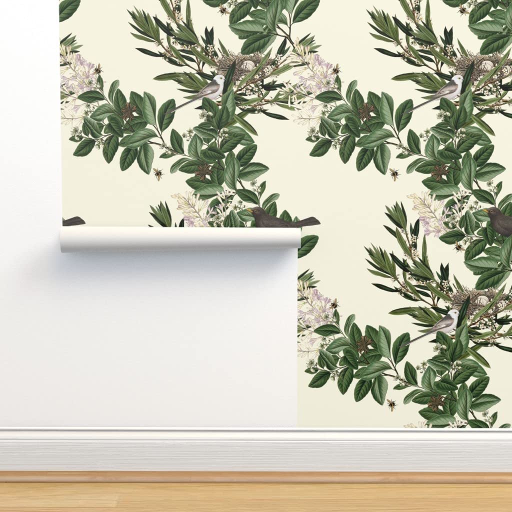 Removable Wallpaper Swatch - Vintage Botanical Garden Design with Bees & Blackbirds | Pre-Pasted Peel & Stick Wallpaper for Nursery, Bedroom, Office Decor | Custom Wall Covering by Spoonflower
