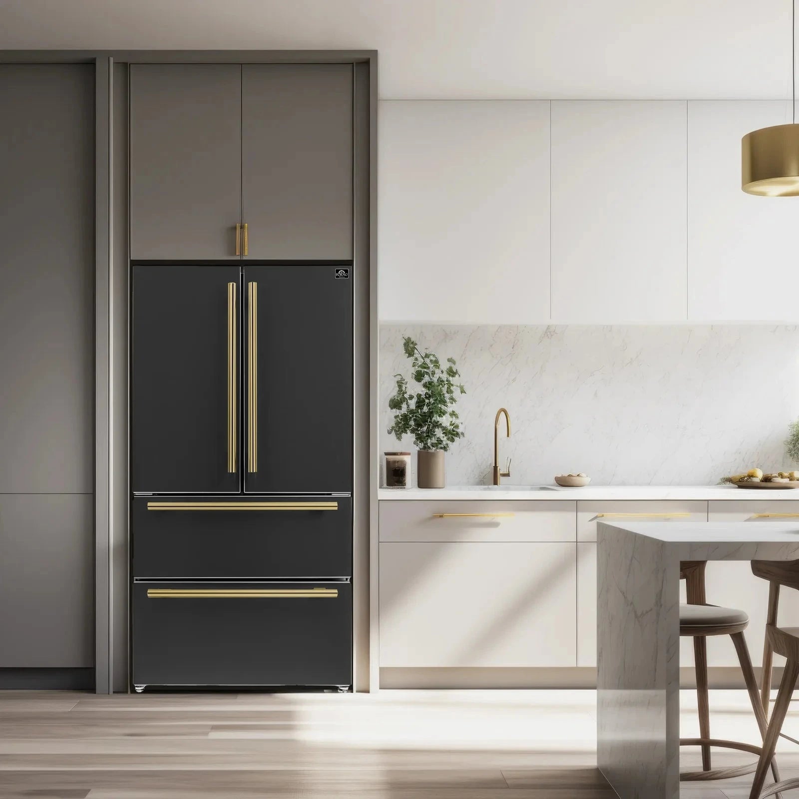 Forno Espresso Moena 36 Inch French Door Refrigerator - Black Stainless Steel with Antique Brass Handles, Energy Star Certified FFRBI1820 36BLK | Perfect for Modern Kitchens & Open-Concept Homes