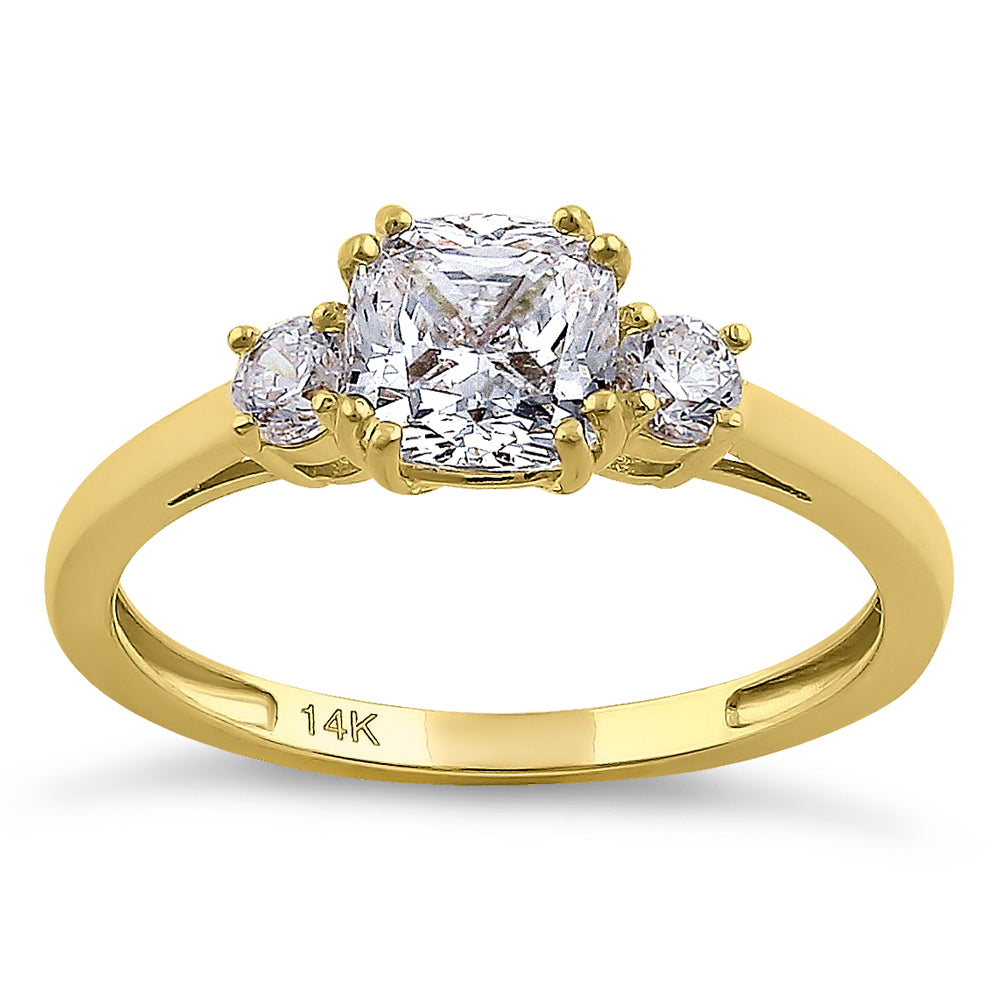 14K Solid Yellow Gold Cushion Cut Triple CZ Engagement Ring for Women - Perfect for Proposals, Anniversaries & Bridal Jewelry