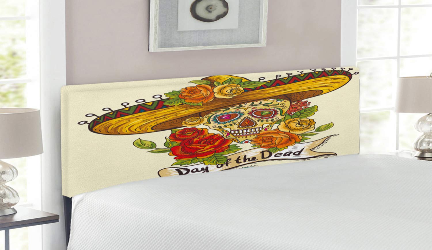Ambesonne Sugar Skull Queen Size Headboard - Mexican Day of The Dead Decor with Sombrero & Roses Design, Upholstered Metal Bed Frame with Memory Foam - Perfect for Bedroom, Guest Room & Themed Home Decor