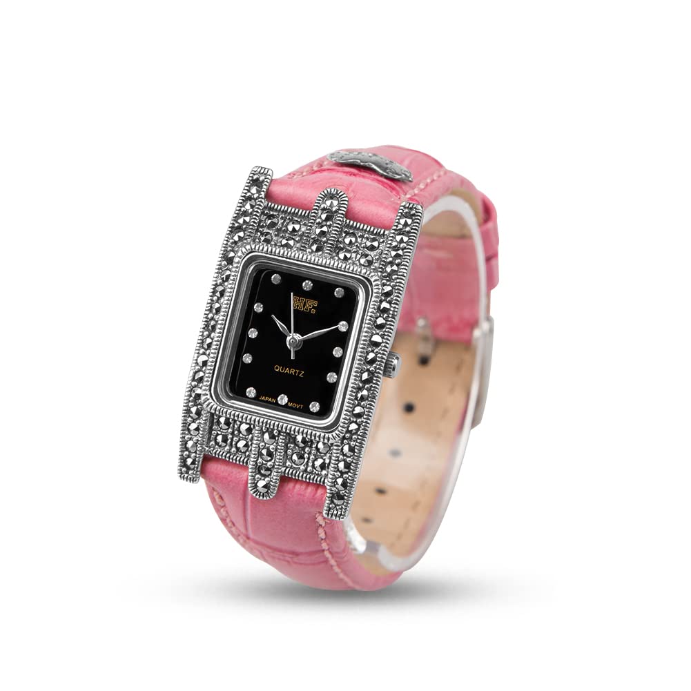 JadeAngel Women's Luxury Watch - 925 Sterling Silver Rectangle Quartz Watch with Genuine Leather Strap - Elegant Dress Watch for Office, Party & Formal Occasions