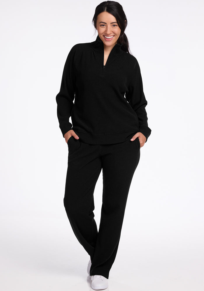 Luca Ribbed Pants for Women - High Waisted Stretchy Slim Fit Trousers (Black) | Perfect for Work, Office & Casual Wear