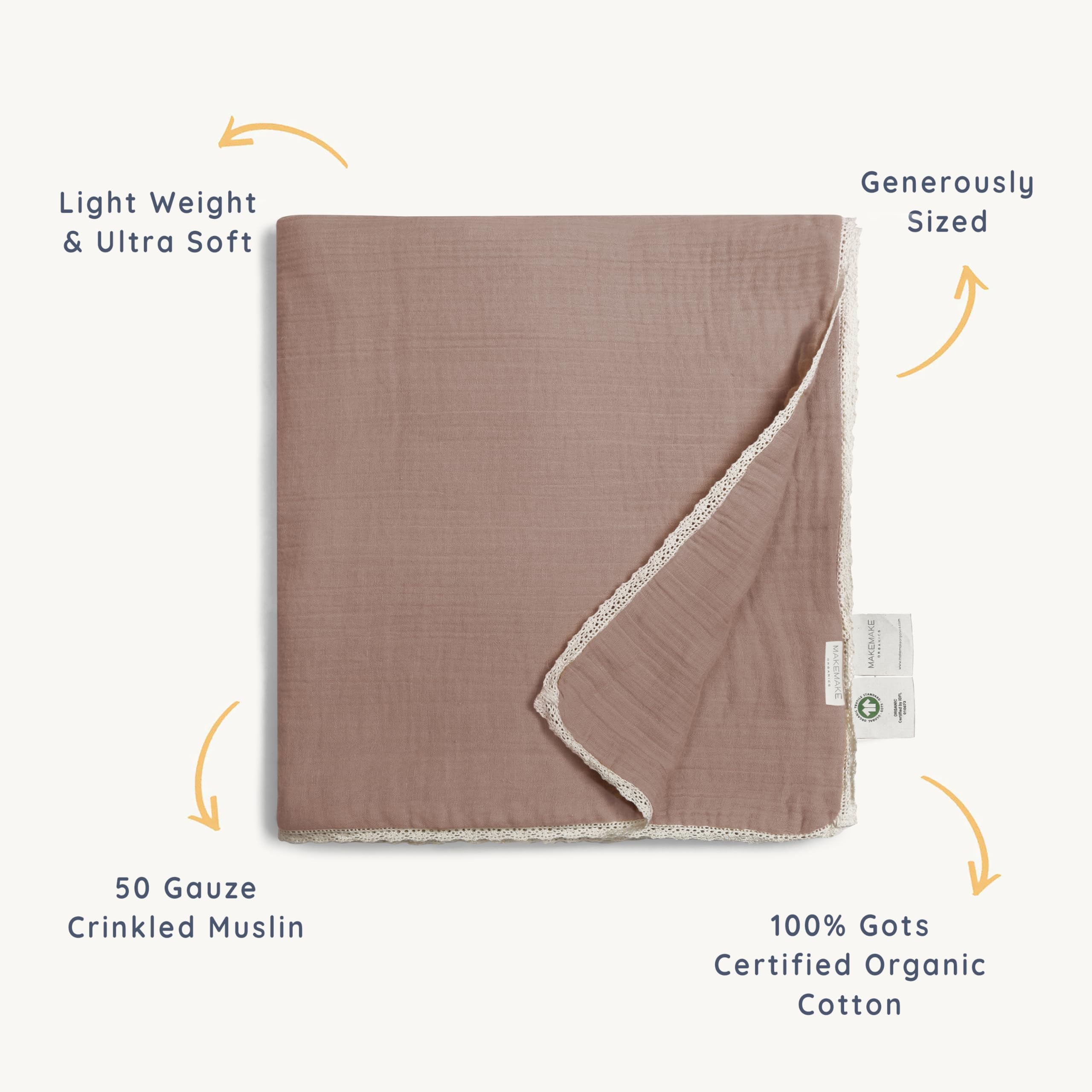 MakeMake Organics GOTS Certified Organic Cotton Muslin Swaddle Blanket - Soft, Breathable & Lightweight Baby Blanket for Boys & Girls - 40