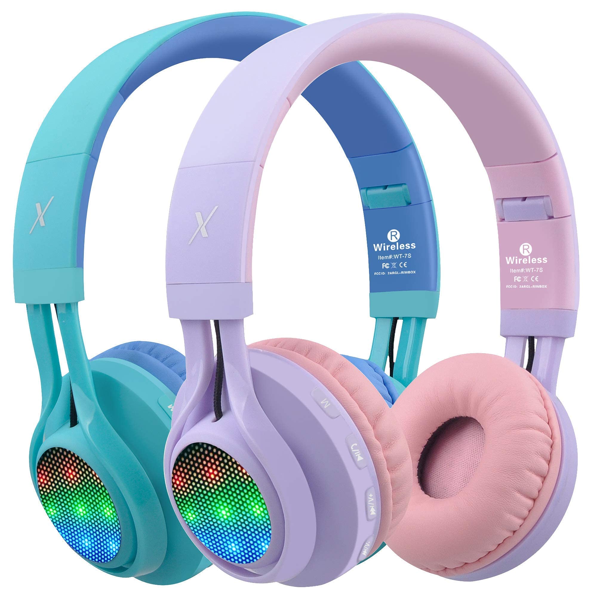 Riwbox WT-7S Wireless Kids Headphones 2 Pack - Foldable Stereo Bluetooth Headset with Built-in Mic & Volume Control for Children - Compatible with PC, Laptop, Tablet, iPad (Purple & Blue) - Perfect for Online Learning, Travel & Entertainment