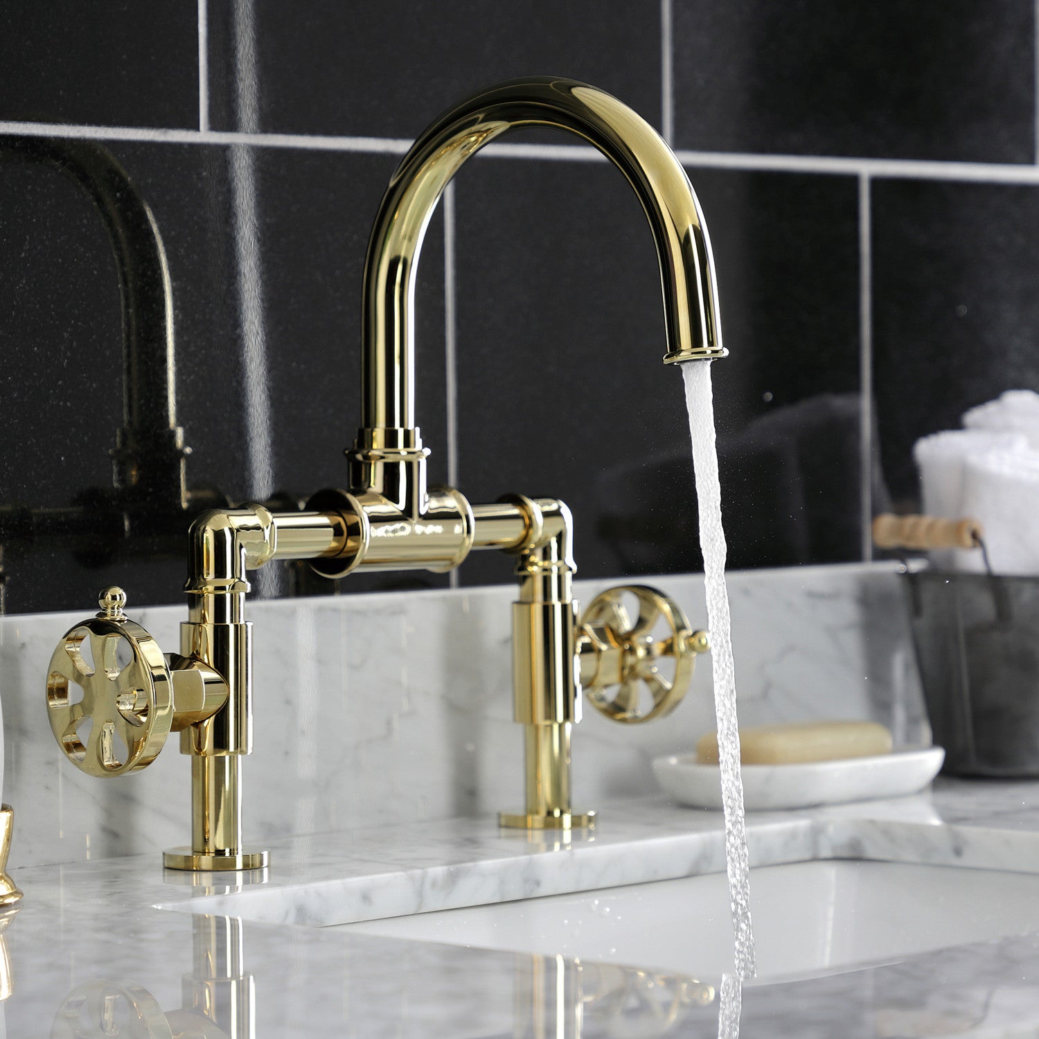 Belknap KS2172RX Two Handle Deck Mount Bathroom Faucet with Push Pop-Up Drain - Polished Brass Finish for Vanity Sink, Powder Room & Guest Bath