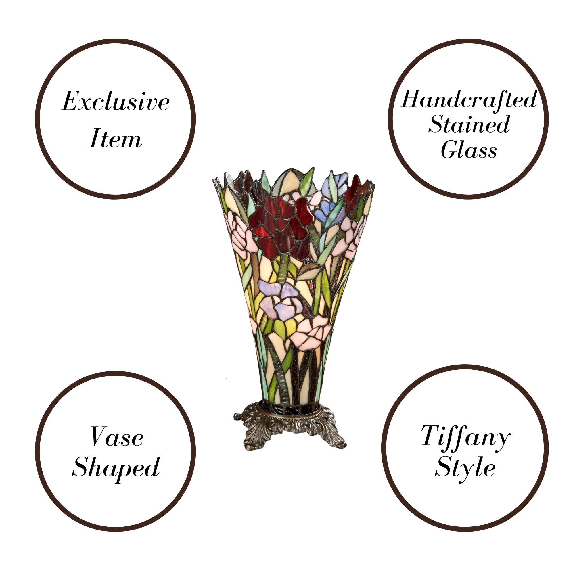 Zuri Stained Glass Tiffany Style Floral Table Lamp - Pink, Purple, Burgundy, Green Uplight Accent Lighting for Bedroom, Living Room, Desk - Elegant Home Decor & Romantic Ambiance