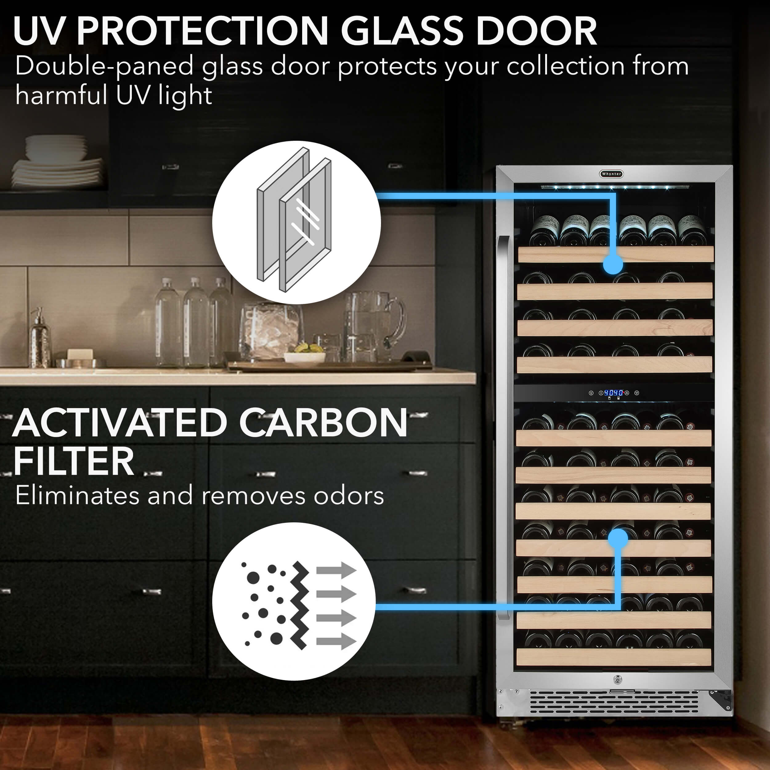 Whynter 92 Bottle Stainless Steel Dual Zone Wine Cooler with LED Display & Display Rack - Built-In Compressor Refrigerator for Home Bar, Kitchen, or Wine Cellar Storage
