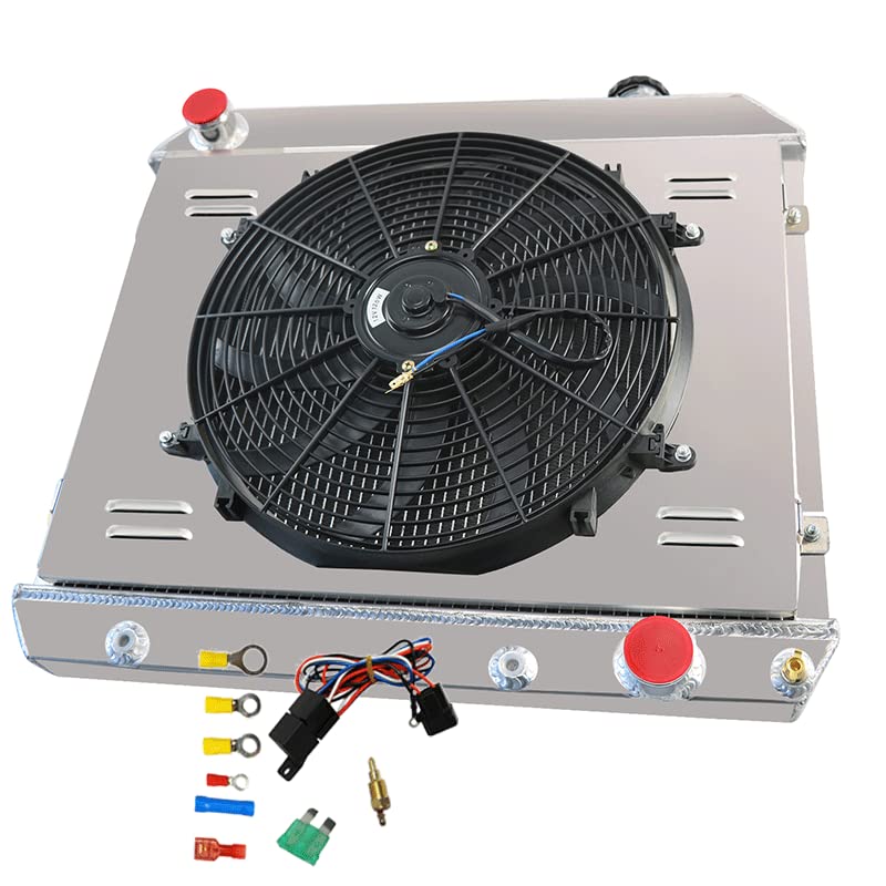 4 Row Aluminum Radiator with Shroud Fan & Relay Kit - Compatible with 1963-1966 Chevy C/K 10 20 30 Pickup C10 C20 C30 - Perfect for Engine Cooling & Off-Road Performance