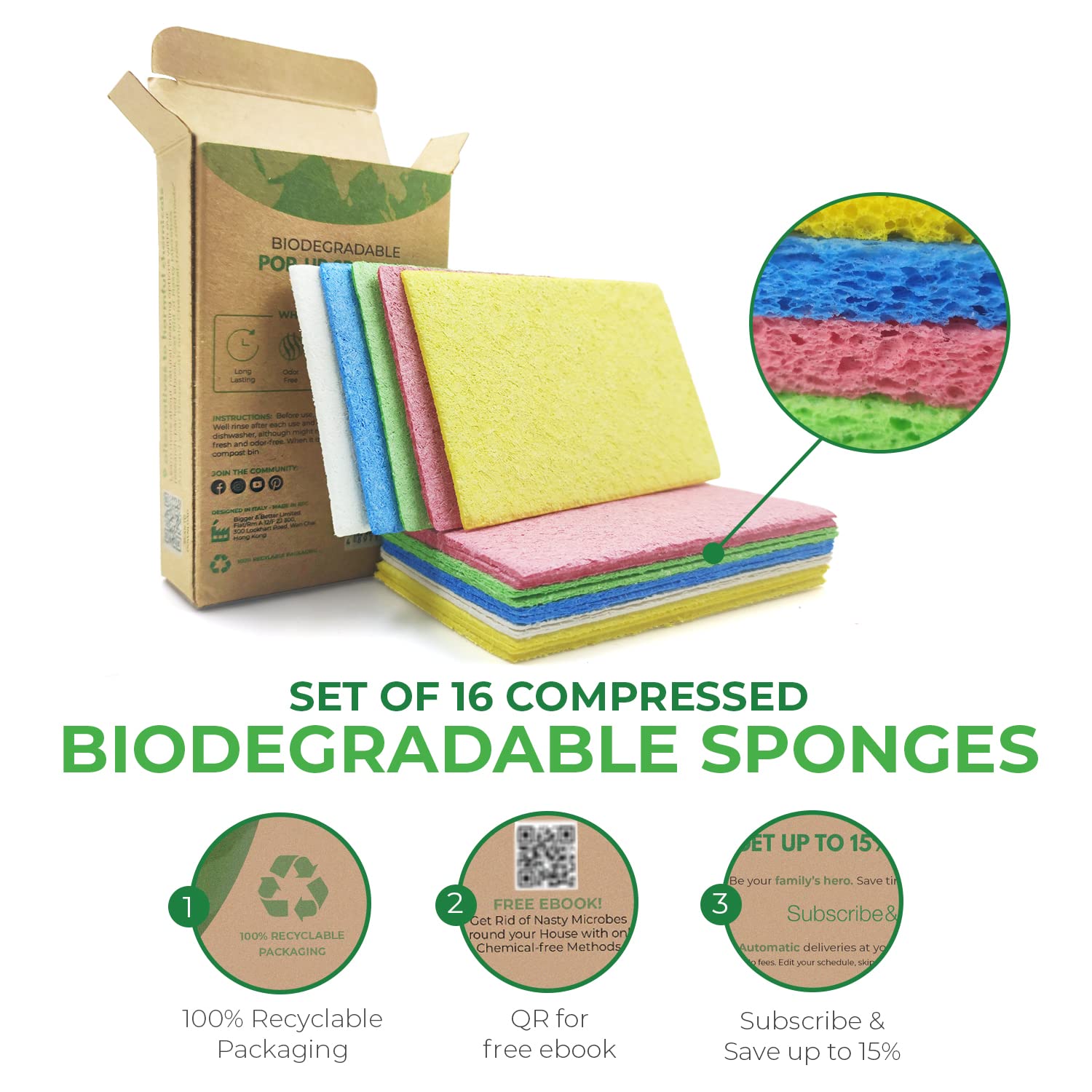 16 Pack Biodegradable Cellulose Compostable Kitchen Sponges | Non-Scratch, Heavy Duty & Eco-Friendly | Perfect for Dishwashing, Car Cleaning & Household Use