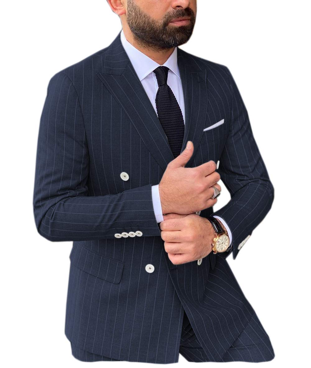 Men's Slim Fit Double Breasted Suit Set - 2 Piece Formal Tuxedo with Stripe Design for Wedding, Groomsmen & Business (Blazer + Pants) - Perfect for Weddings, Prom, Office & Special Occasions