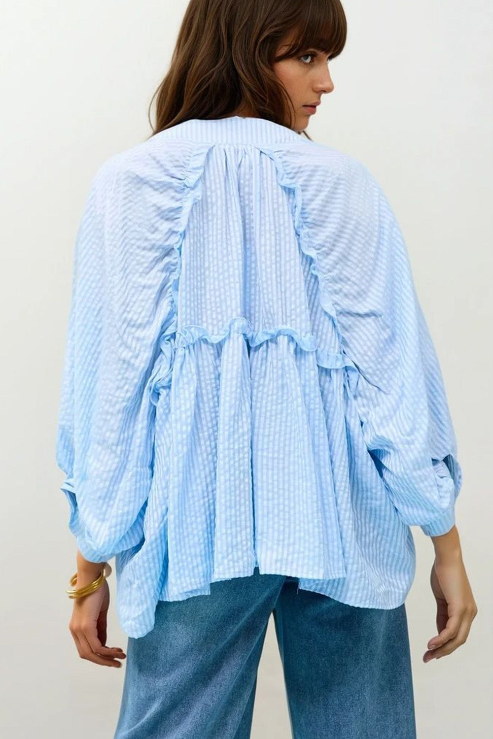 Baby Blue Balloon Sleeve Striped Blouse - Perfect for Casual Outings, Photoshoots & Special Occasions