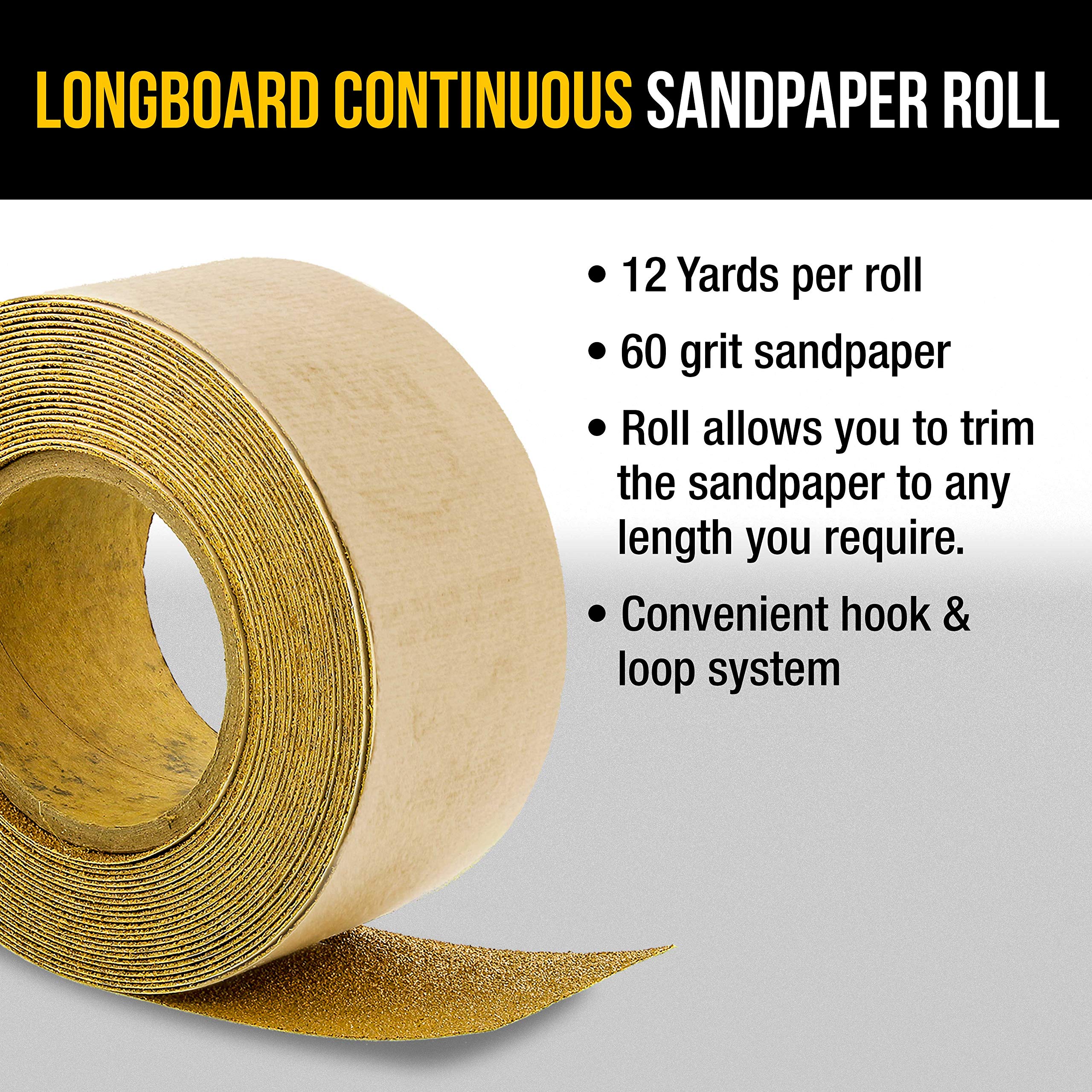Dura-Gold Pro Series Longboard Hand Sanding File Sander Block - Hook & Loop Backing with PSA Adapter Pad & 60 Grit Sandpaper Roll (12 Yards, 2-3/4