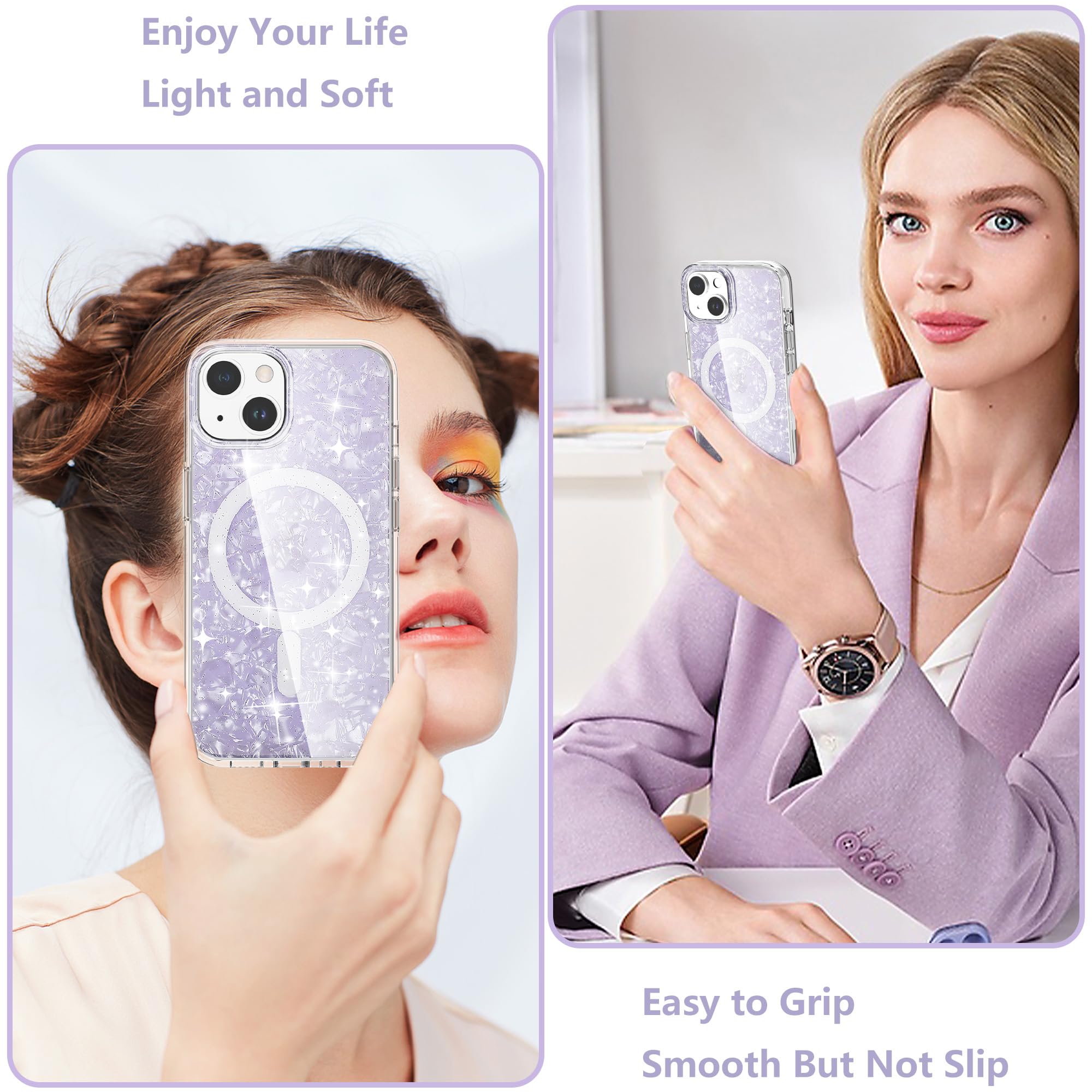 Tksafy MagSafe Compatible iPhone 13/14 Case - Glitter Pearl Design Hard PC Protective Shockproof Phone Cover for Women (Purple) | Perfect for Everyday Use, Work & Travel