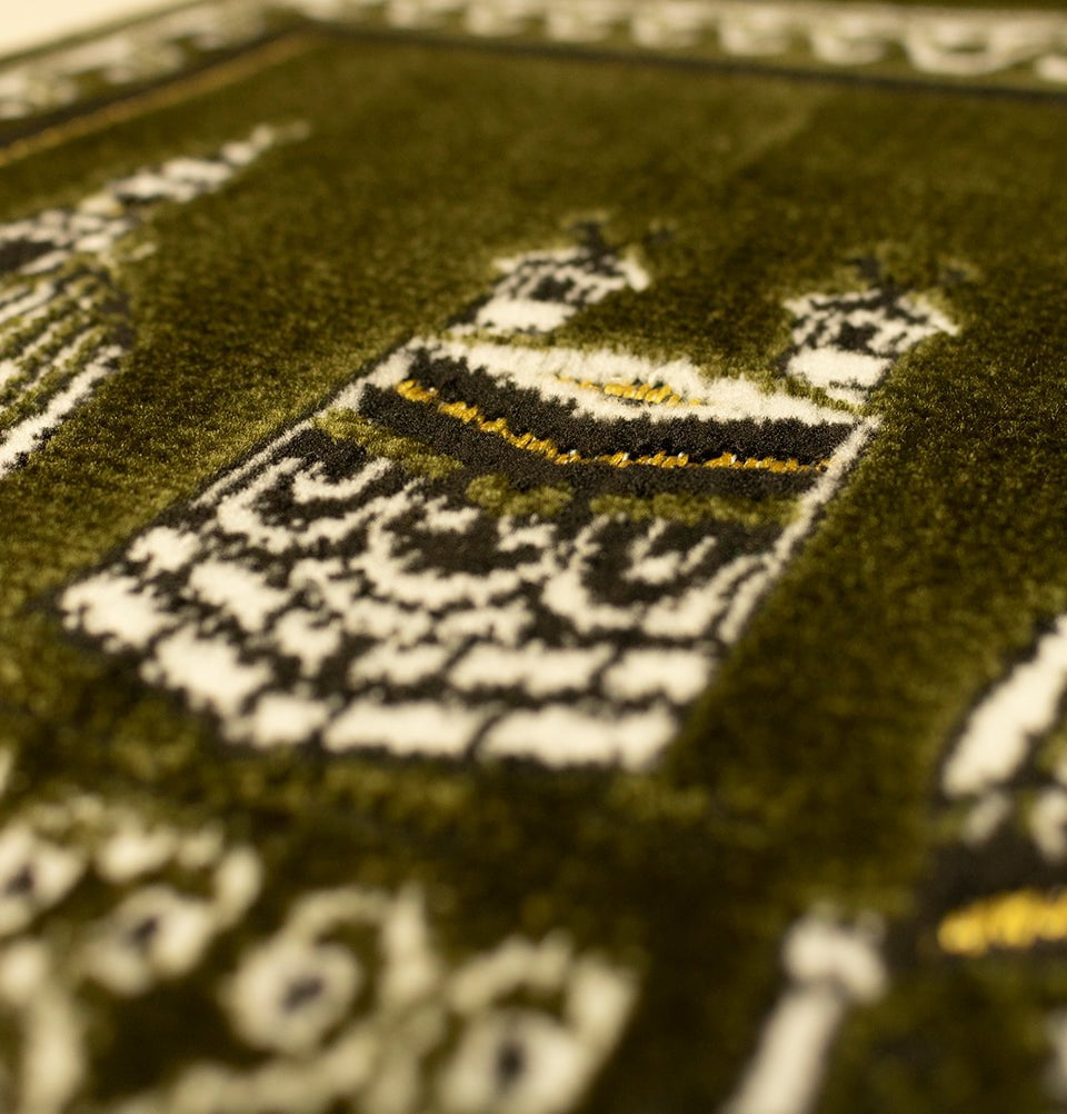 Premium Child Velvet Islamic Prayer Rug with Kaba & Mosque Design - Olive Green - Perfect for Kids' Salah, Home Worship & Travel Prayer Mat