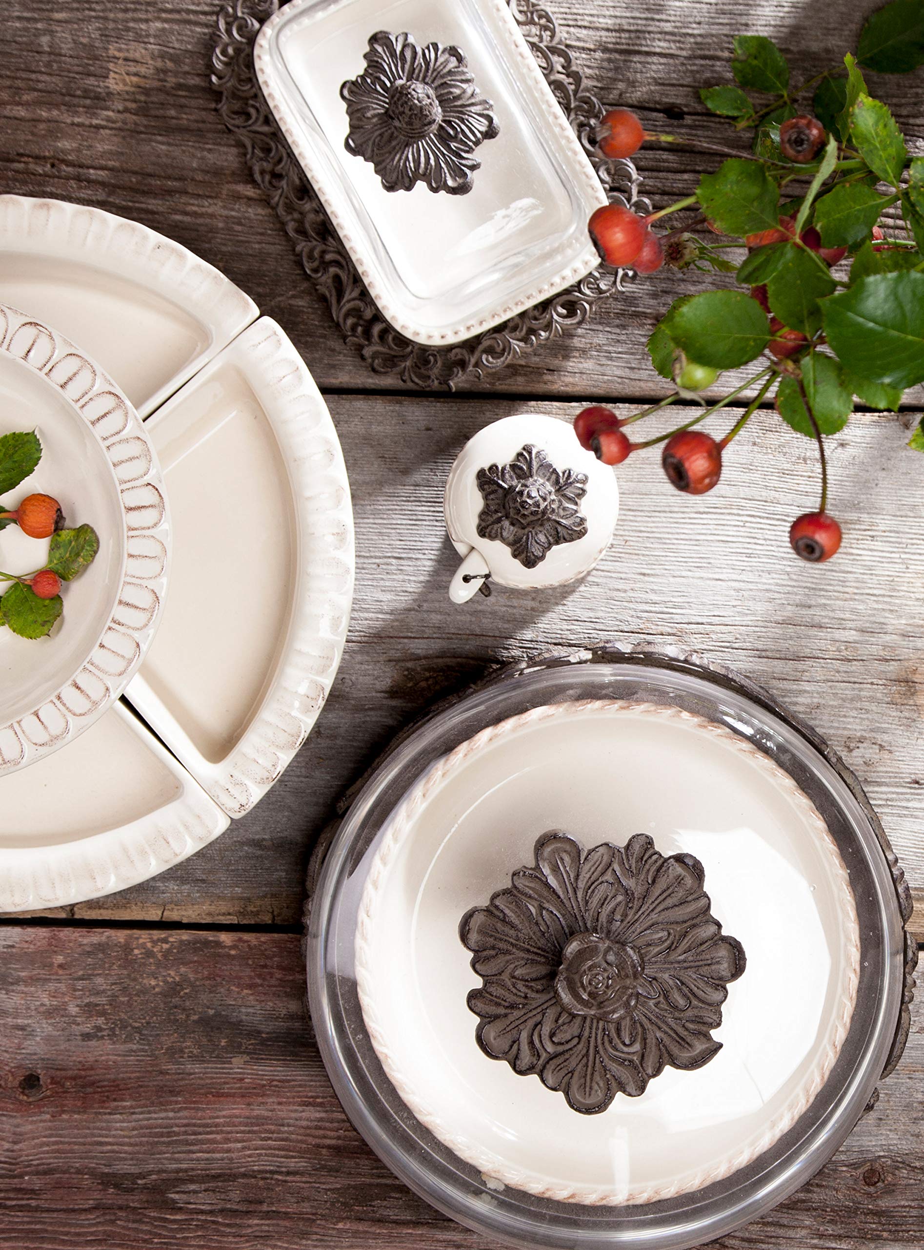 Elegant Cream Ceramic Butter Dish with Intricate Metal Acanthus Leaf Design - Perfect for Kitchen, Dining Table, and Gift Giving