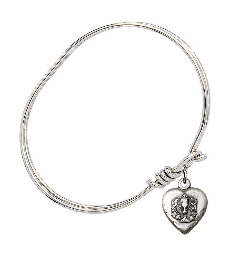Elegant Sterling Silver Oval Eye Hook Bangle Bracelet with Heart Charm - Perfect for Communion, Weddings & Everyday Wear