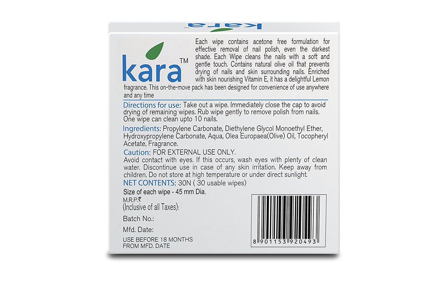 Kara Wipes Nail Polish Remover with Vitamin E & Lemon Extract - Gentle & Effective Nail Polish Remover Wipes (30 Pads per Pack, Pack of 2) - Perfect for Travel, Manicures & Quick Nail Polish Removal