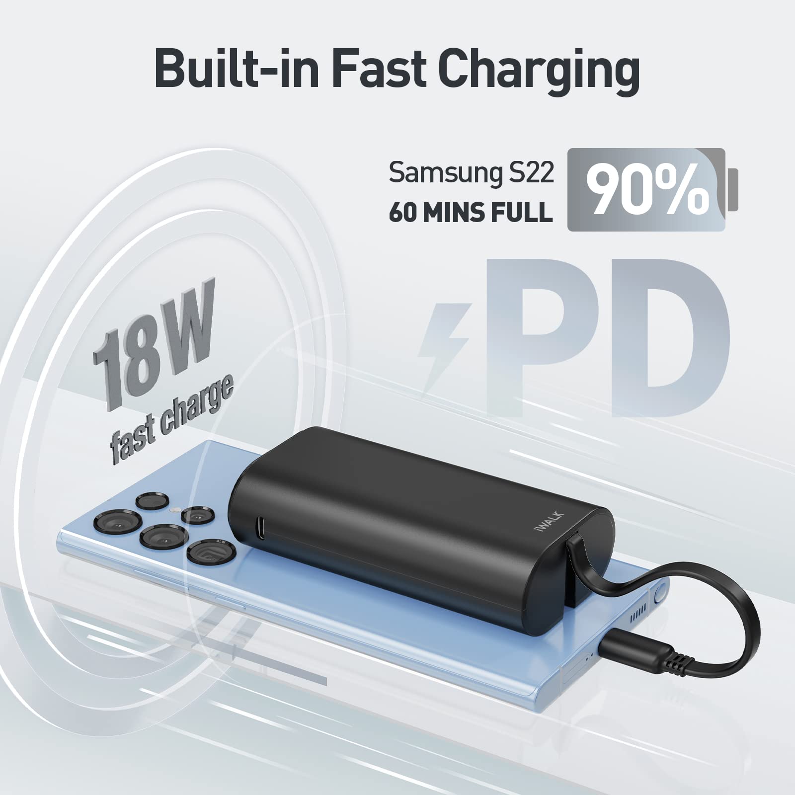 iWALK 9600mAh Portable Charger with 18W PD Fast Charging | Built-in USB-C Cable & LED Display | Power Bank for iPhone 15, Samsung S23/S22, Google Pixel 7 | Perfect for Travel, Camping & Emergency Charging