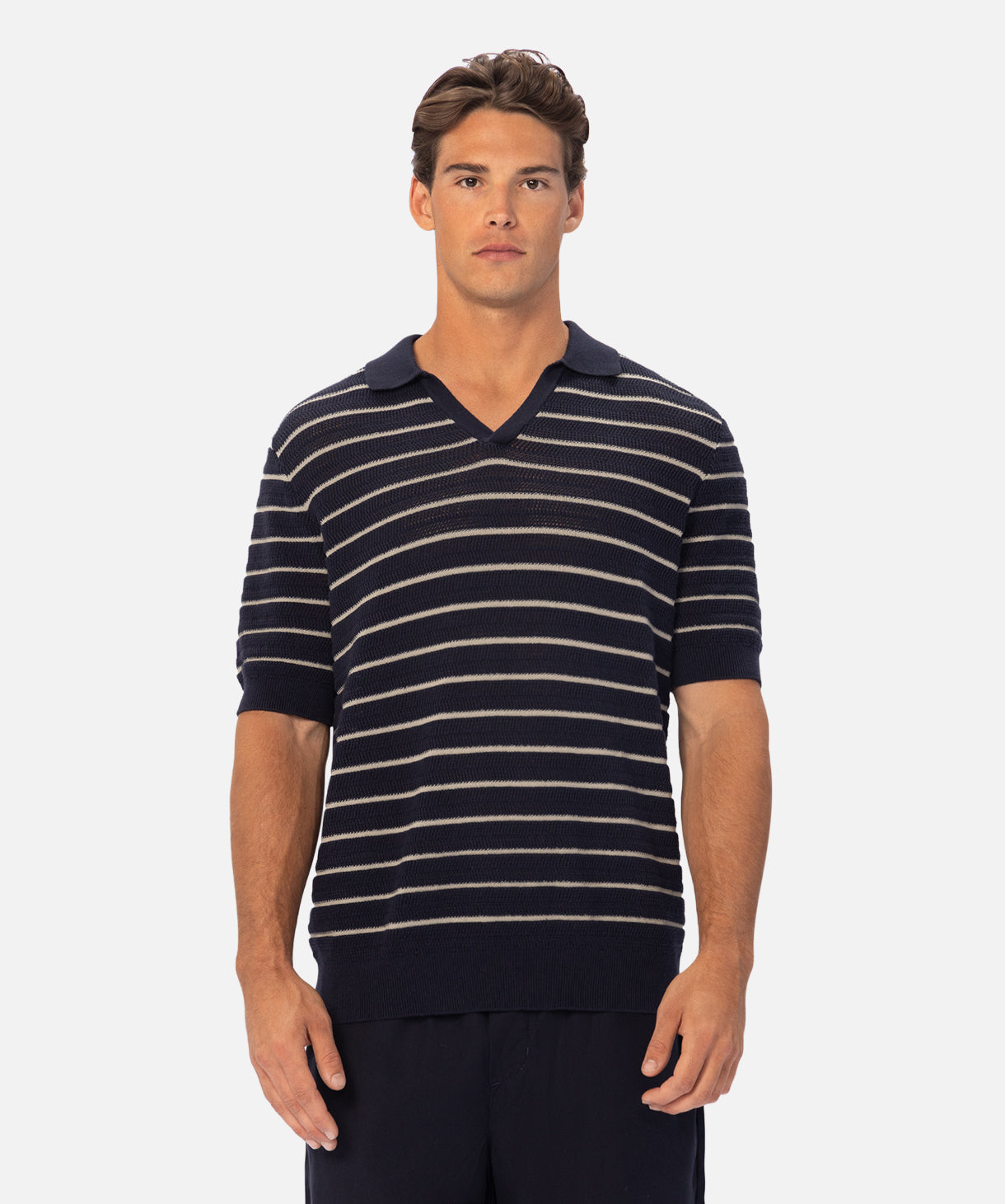 The Lyon Stripe Polo Shirt for Men - Classic Dark Navy & Stone Striped Casual Wear - Perfect for Office, Golf & Weekend Outings
