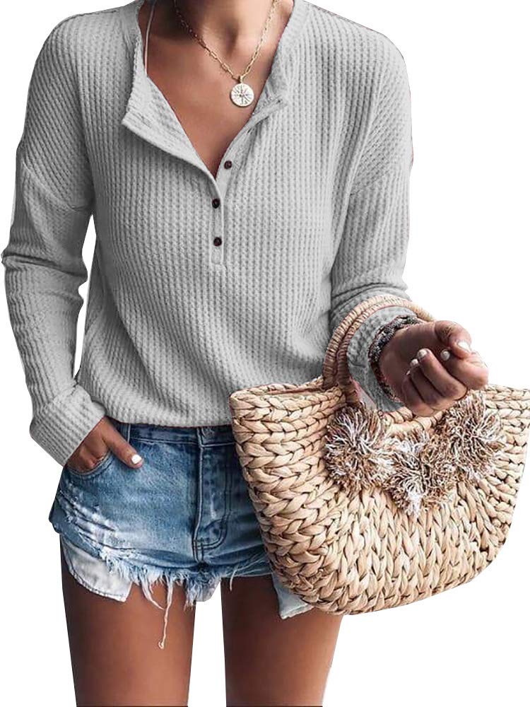 Women's V-Neck Henley Long Sleeve Shirt - Soft Waffle Knit Button Down Top for Casual Wear & Layering - Perfect for Fall, Winter & Outdoor Activities
