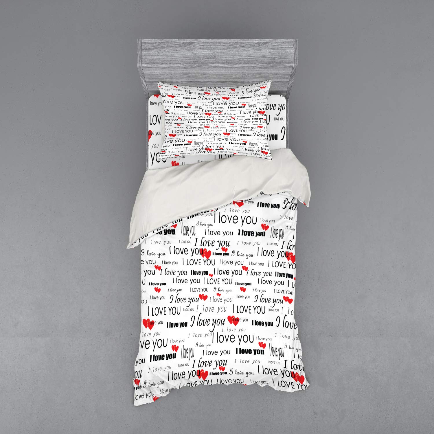 Ambesonne Romantic Bedding Set - 'I Love You' Hearts Design Duvet Cover with Sham & Fitted Sheet, 3-Piece Twin XL Size in Vermilion Black White | Valentine's Gift for Couples, Anniversary Present, Cozy Bedroom Decor