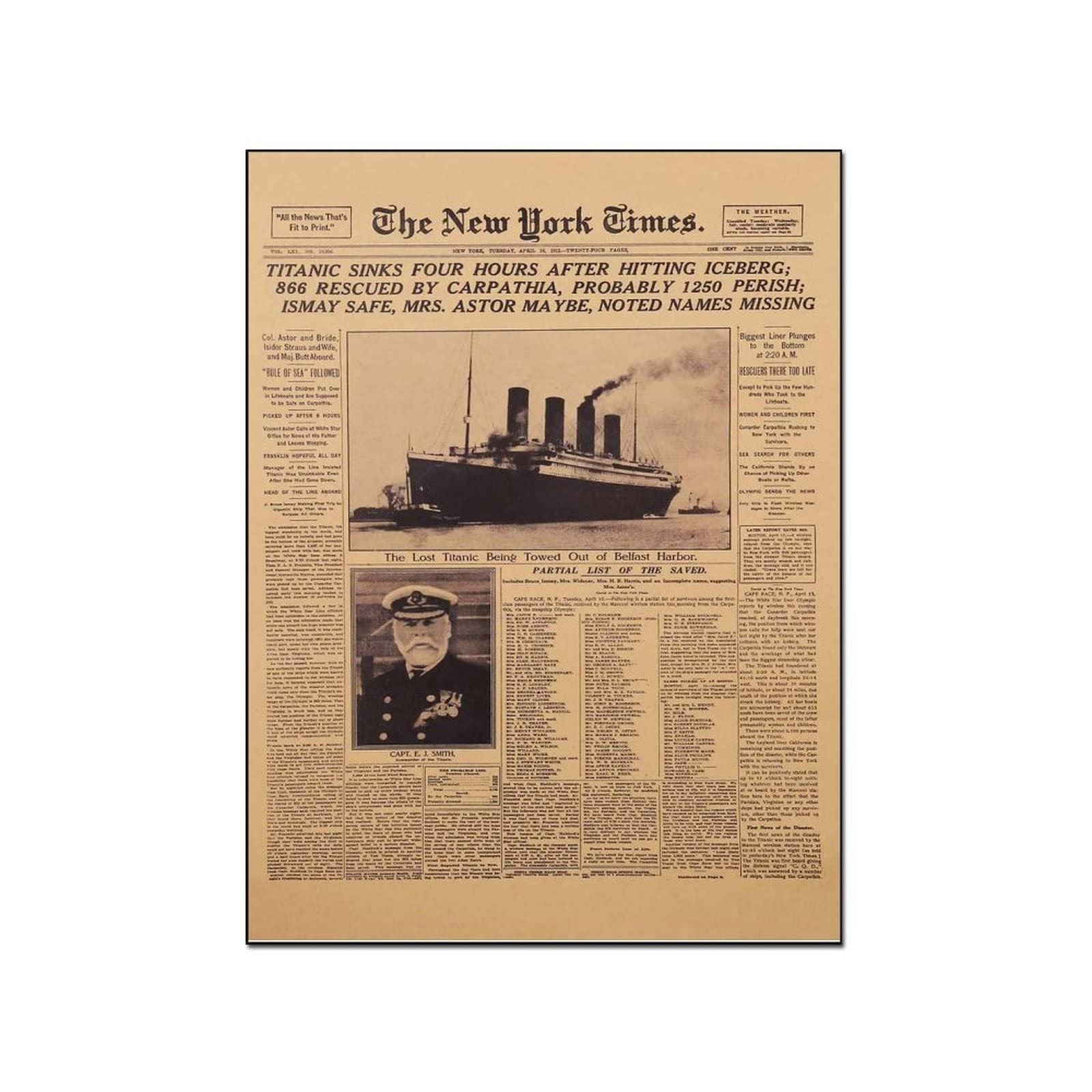 Vintage Titanic Disaster Newspaper Poster Frame - 1912 New York Times Reproduction Wall Art for Bedroom, Living Room & Office Decor | Historical Home Decor, Aesthetic Wallpaper Alternative, Unique Gift Idea