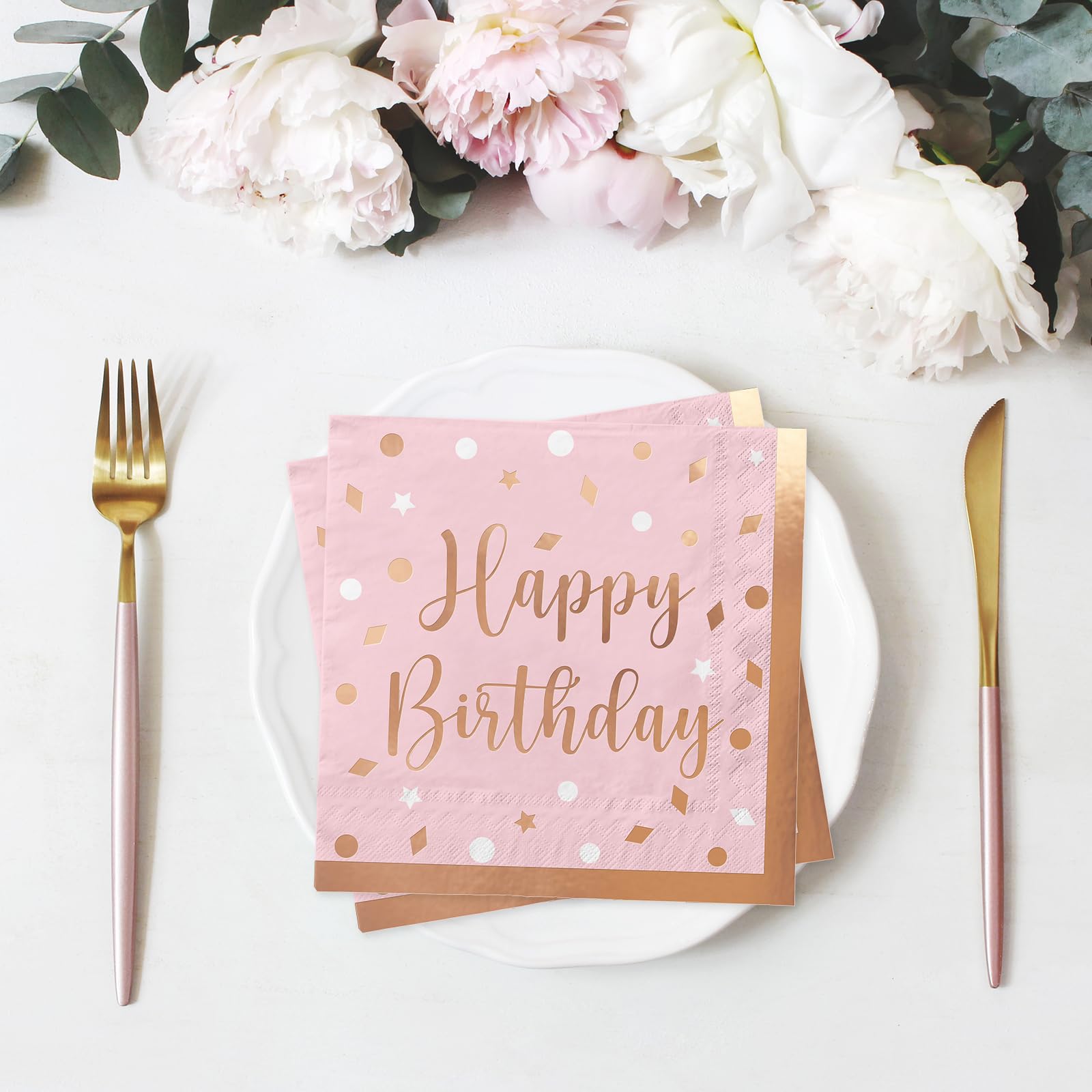Premium Rose Gold & Pink Disposable Napkins with Golden Dot Confetti - 3-Ply 50 Pack for Graduation, Wedding, Anniversary, Cocktail & Birthday Party Decorations - Elegant Table Setting & Party Supplies