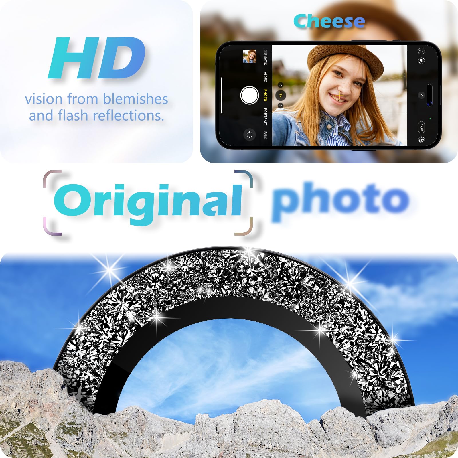 imluckies iPhone 15 & iPhone 15 Plus Camera Lens Protector - HD Clear Aluminum Alloy Ring with 9H Tempered Glass | Glitter Black Back Screen Protection Film | Perfect for Travel, Photography & Daily Use